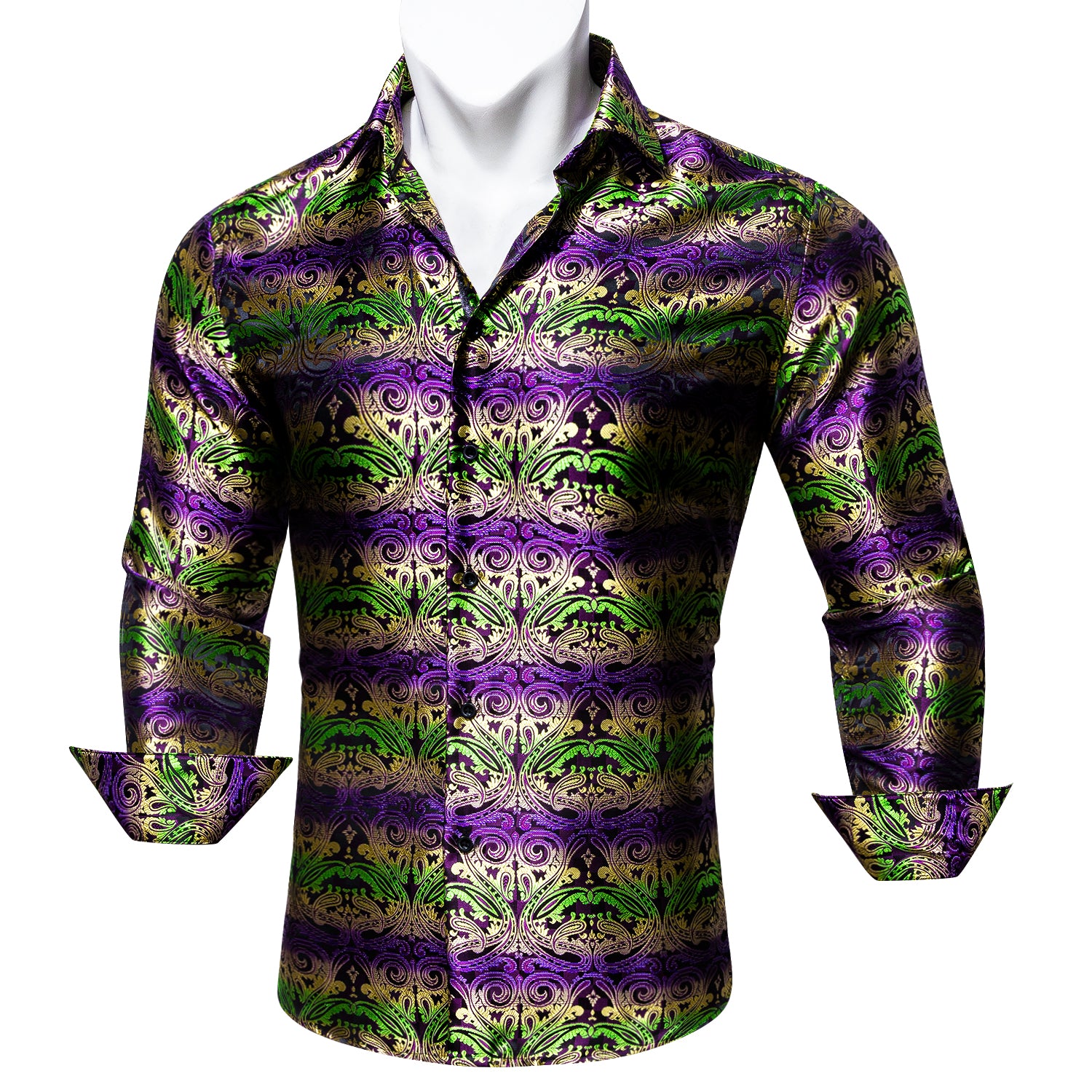 Barry.wang Purple Green Paisley Silk Men's Long Sleeve Shirt