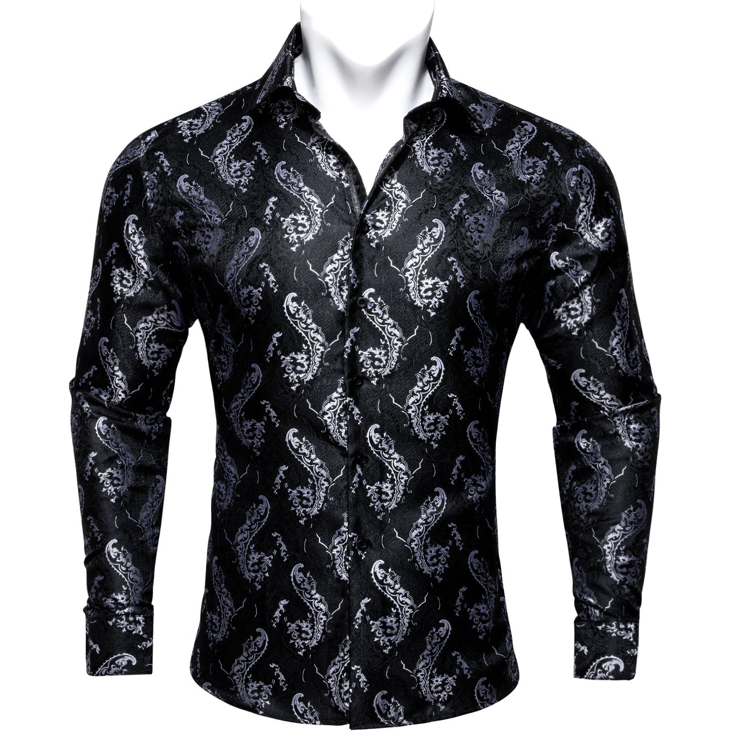 Barry.wang Black Floral Silk Men's Long Sleeve Shirt