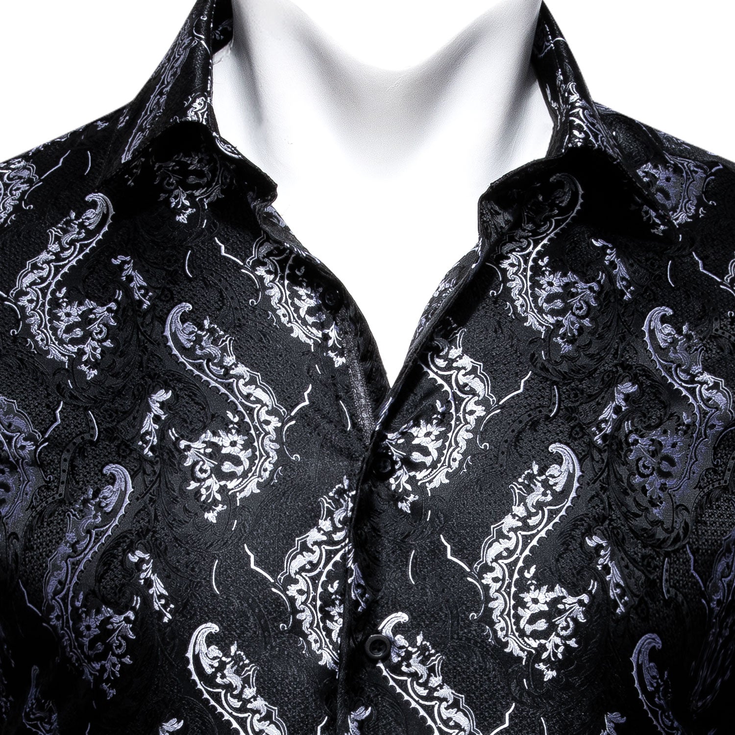 Barry.wang Black Floral Silk Men's Long Sleeve Shirt