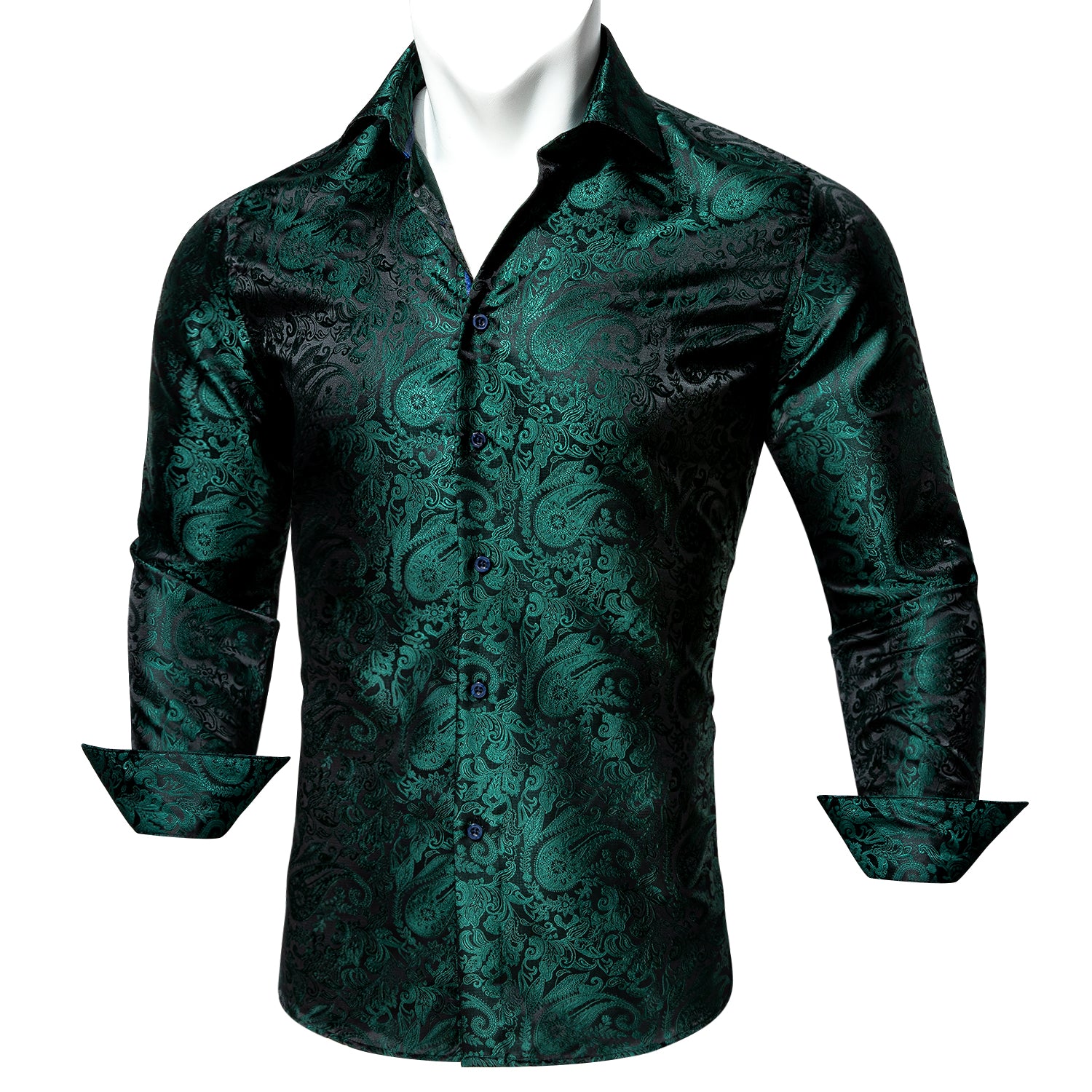 Barry.wang Button Down Shirt Green Paisley Silk Long Sleeve Shirt for Men