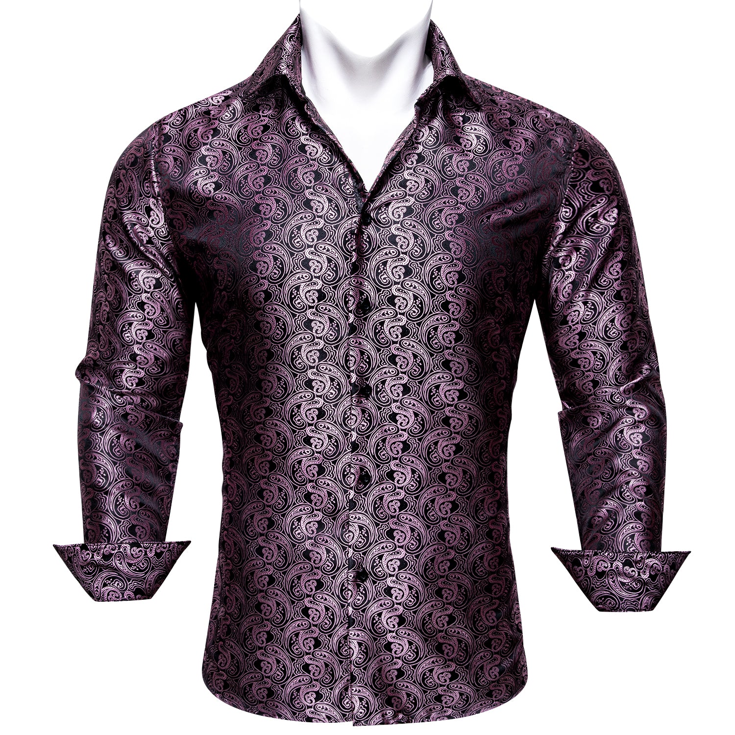Barry Wang Men's Shirt Black Pink Paisley Silk Long Sleeve Shirt