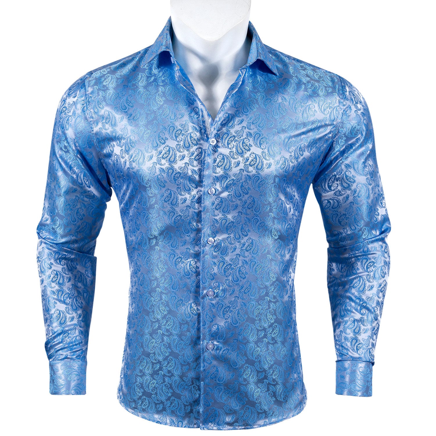Barry.wang Light Blue Paisley Silk Men's Long Sleeve Shirt