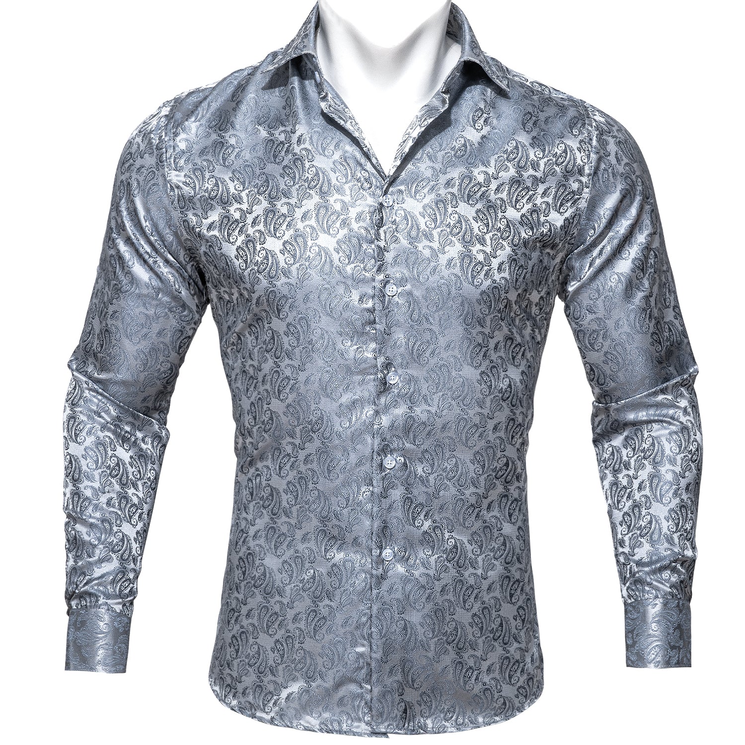 Barry.wang Fashion Silver Paisley Silk Shirt