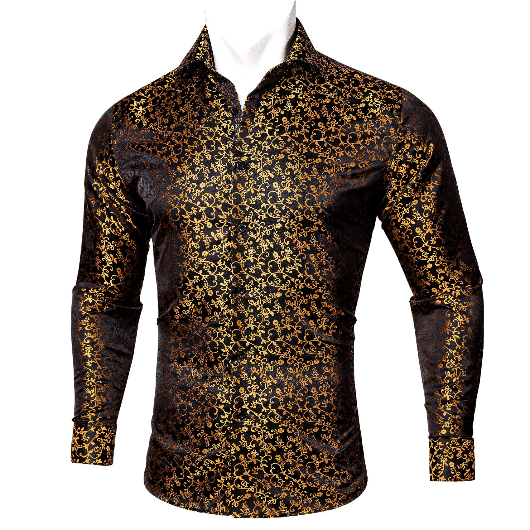 Barry.wang Button Down Shirt Black Gold Floral Silk Long Sleeve Shirt