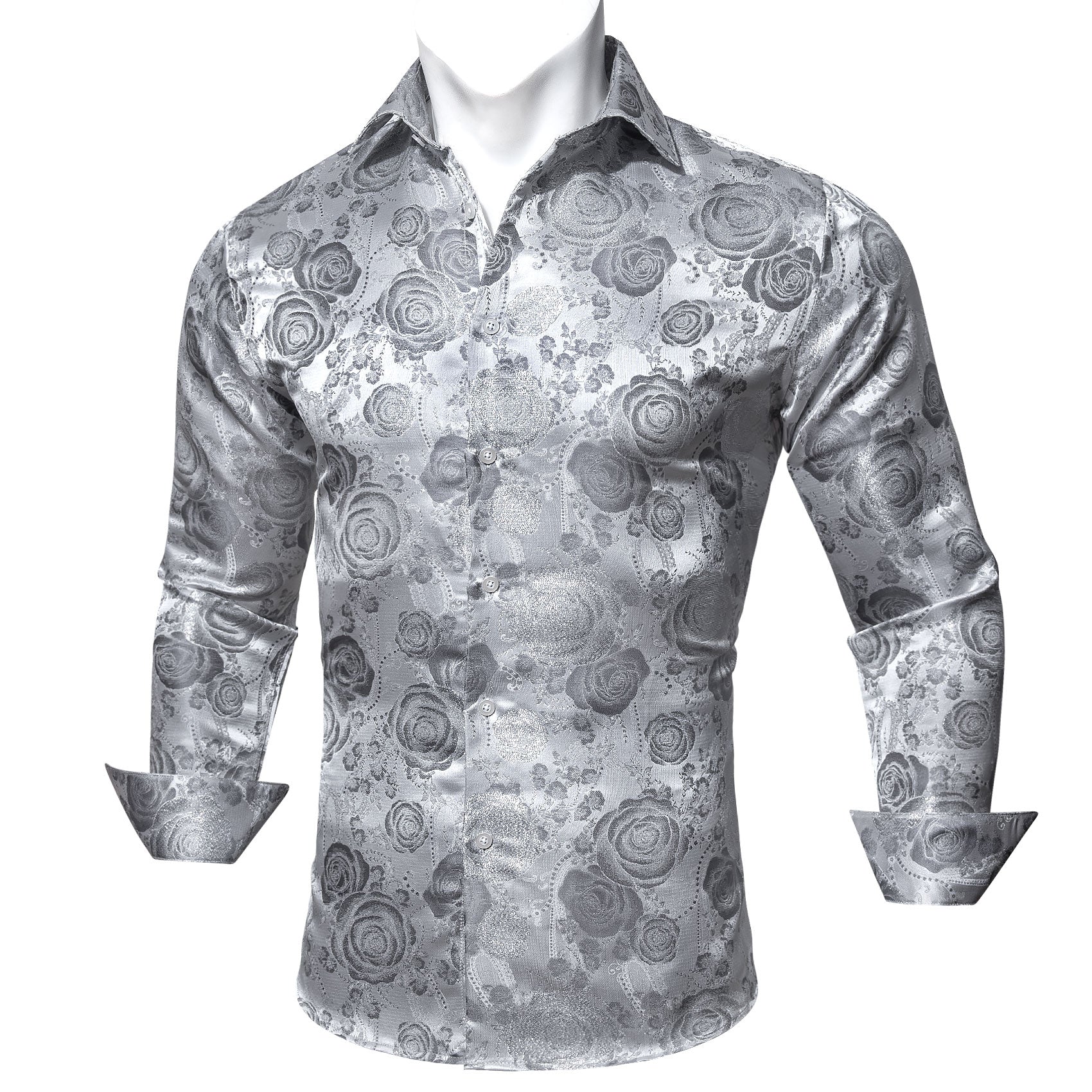 Barry.wang Button Down Shirt Silver Flower Men's Silk Long Sleeve Shirt Fashion