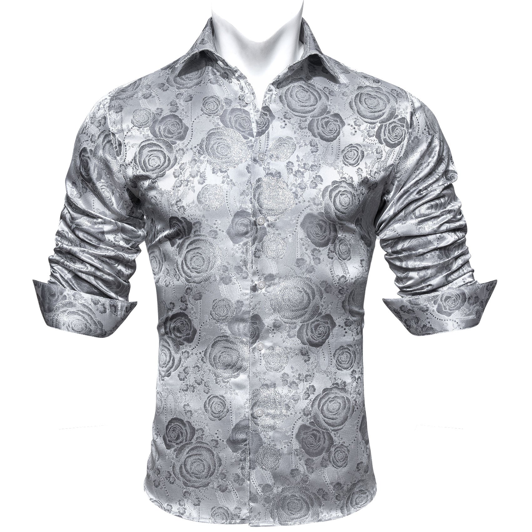 Barry.wang Button Down Shirt Silver Flower Men's Silk Long Sleeve Shirt Fashion