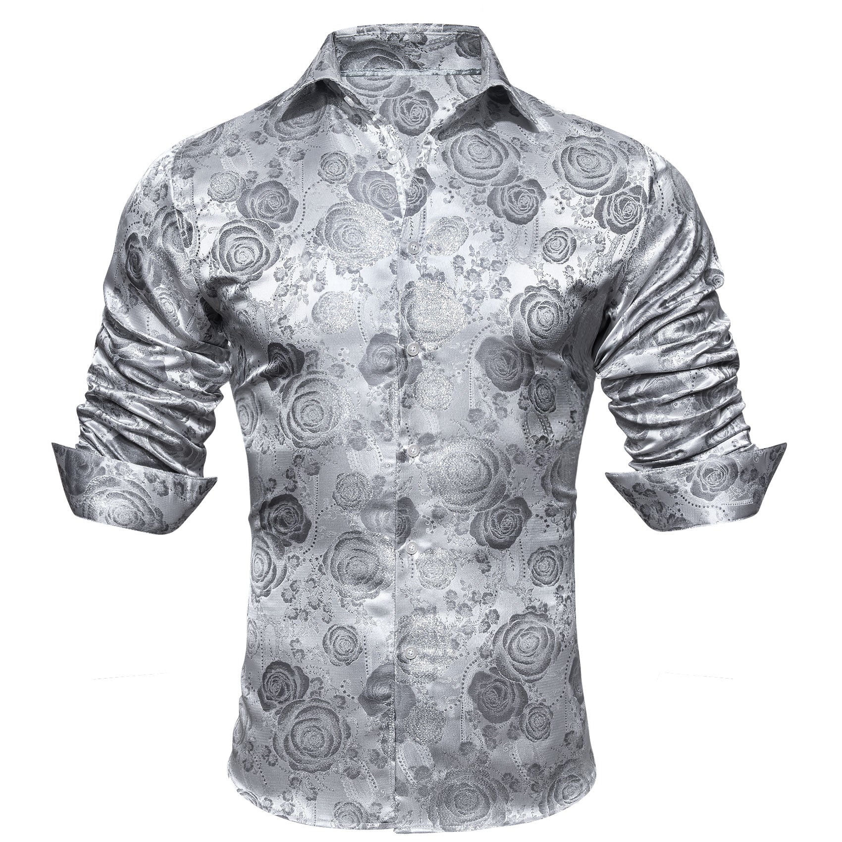 Silver Flower Men's Silk Long Sleeve Shirt 