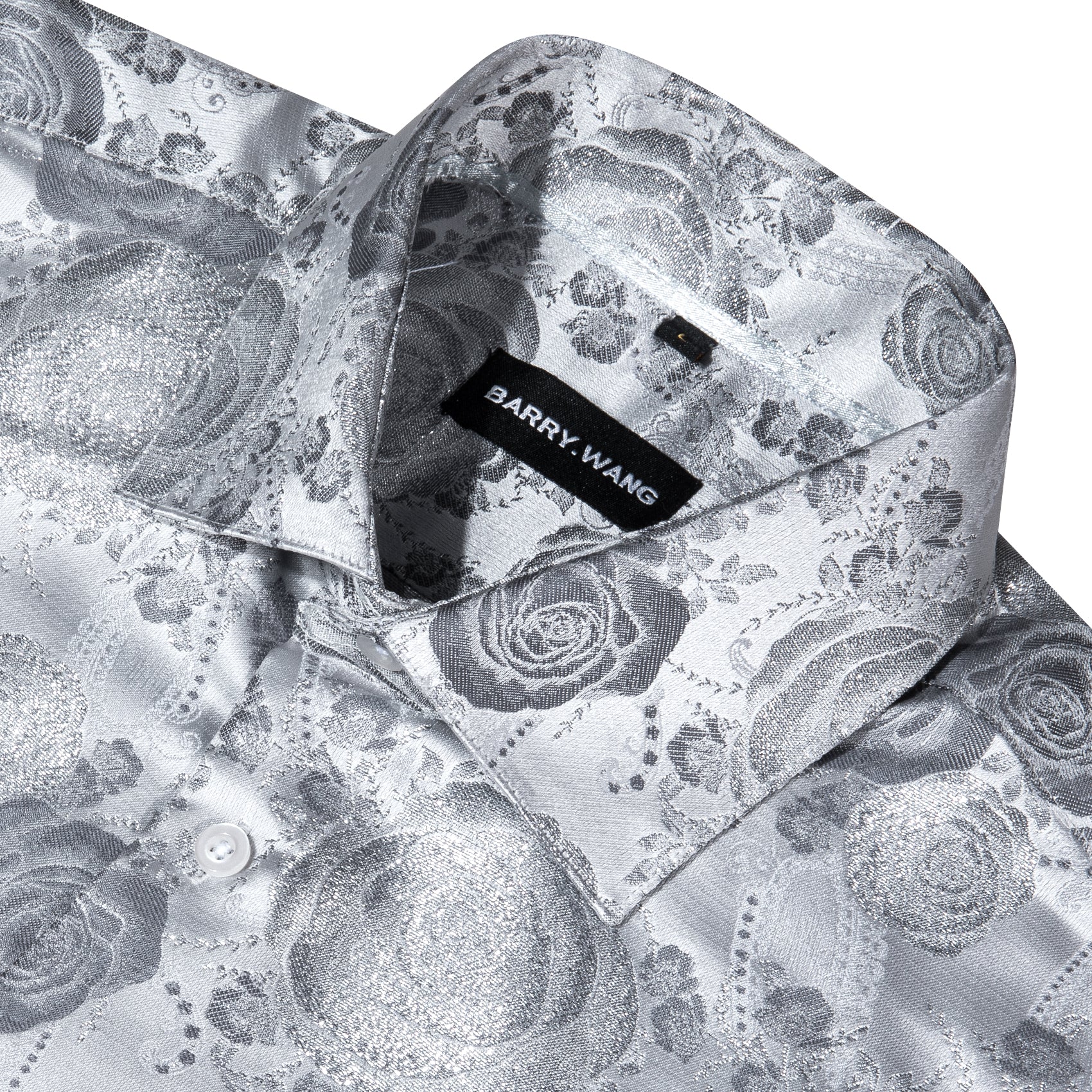 Barry.wang Button Down Shirt Silver Flower Men's Silk Long Sleeve Shirt New Fashion