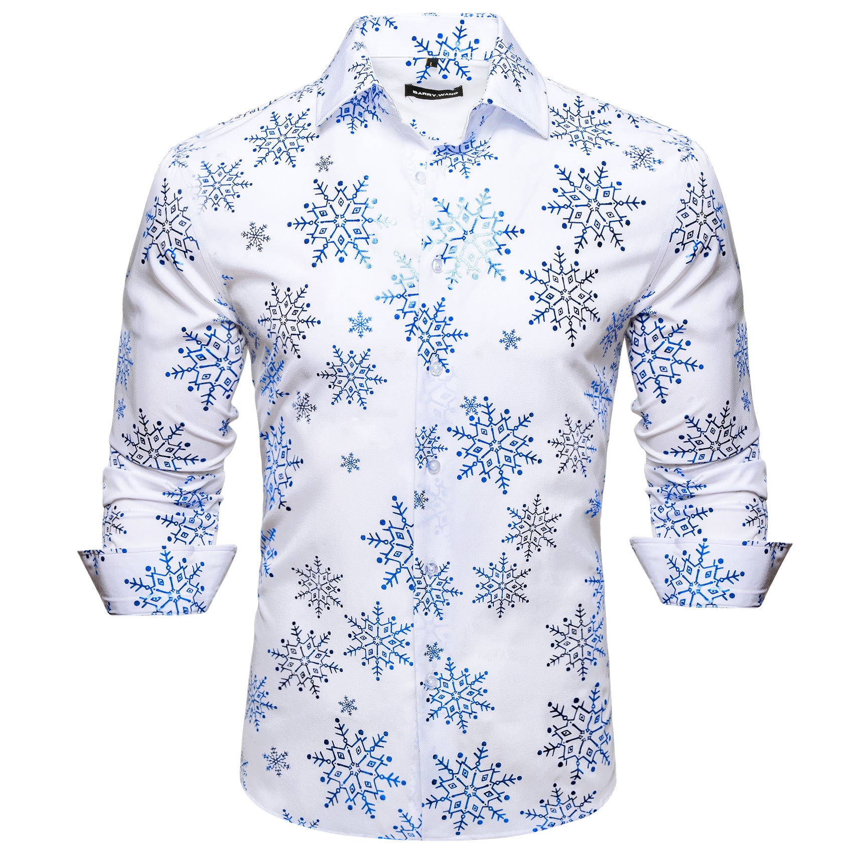 Barry.wang Christmas White Blue Snowflake Floral Silk Shirt