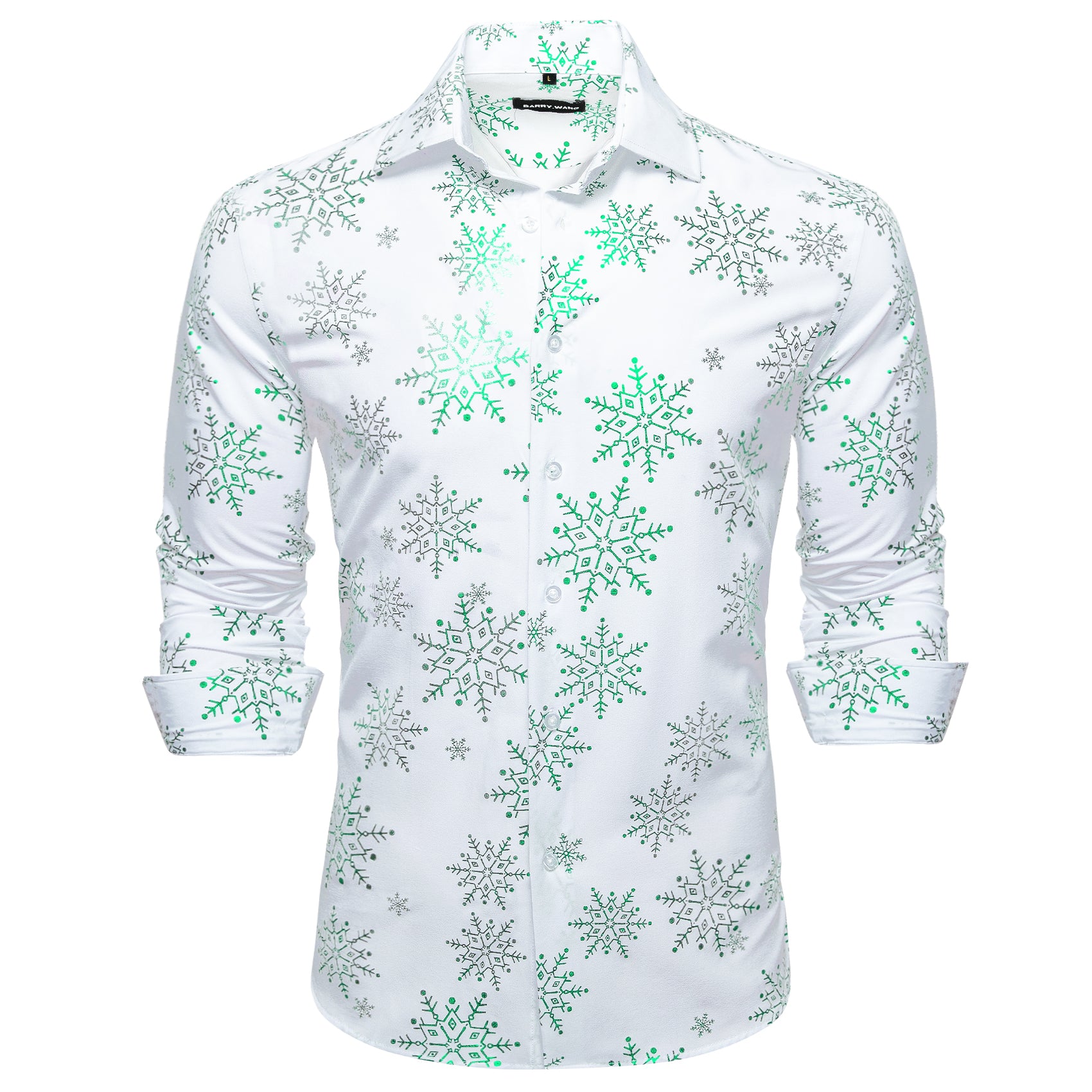 Barry.wang Christmas White Green Snowflake Floral Silk Shirt