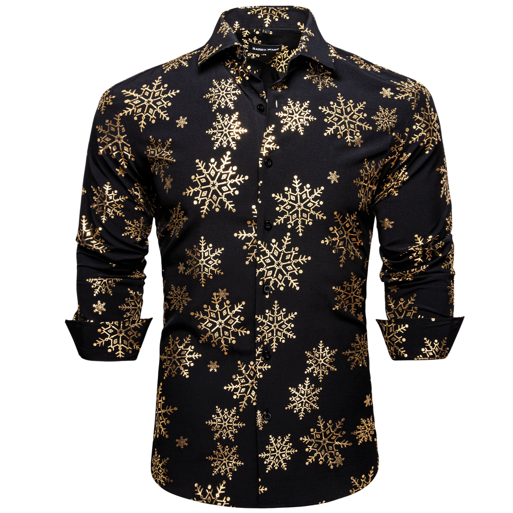 Barry.wang Button Down Shirt Christmas Black Gold Snowflake Floral Silk Shirt