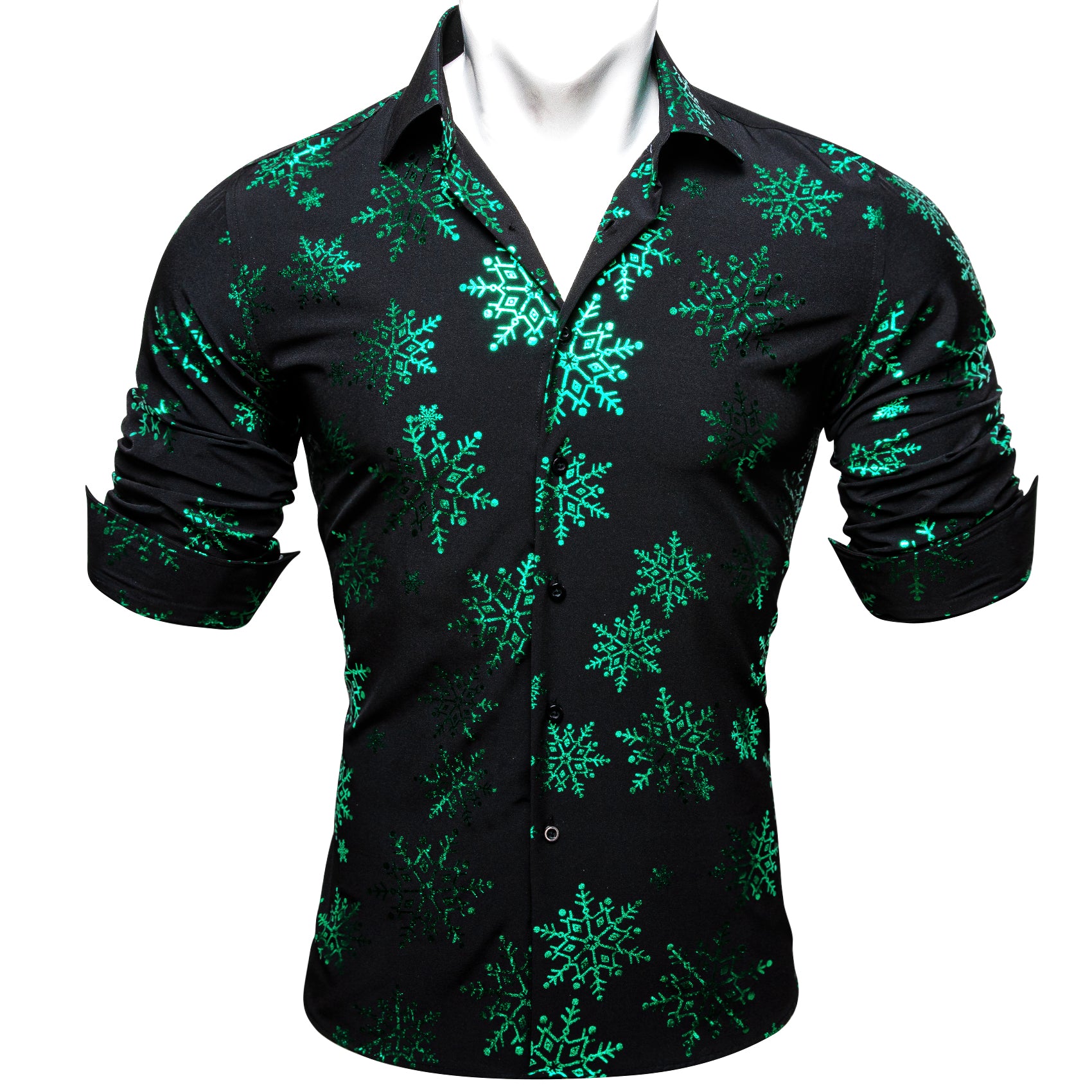 Barry.wang Christmas Black Green Snowflake Floral Silk Shirt