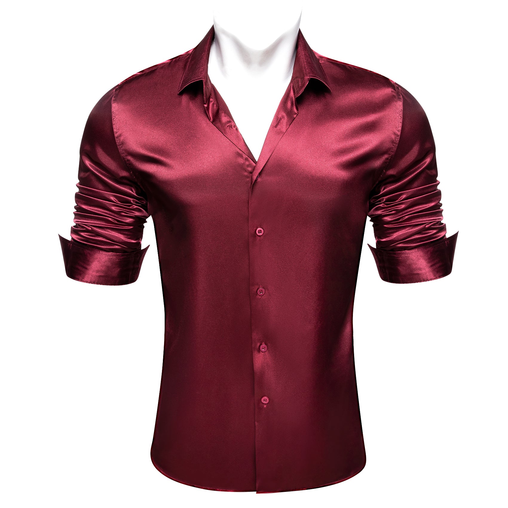 Barry.wang Long Sleeve Shirt Maroon Red Solid Silk Men's Shirt