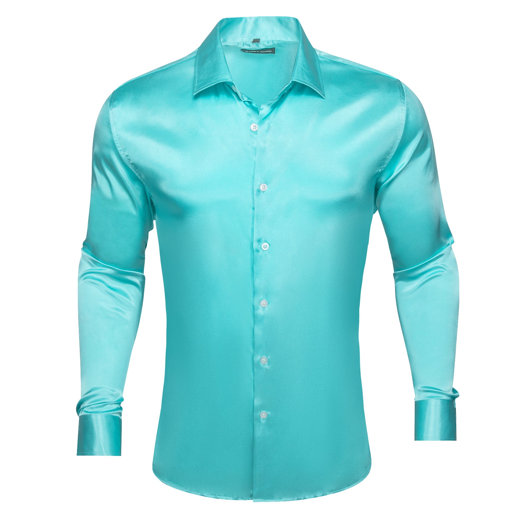 Cyan Blue Solid Silk Men's Long Sleeve Shirt