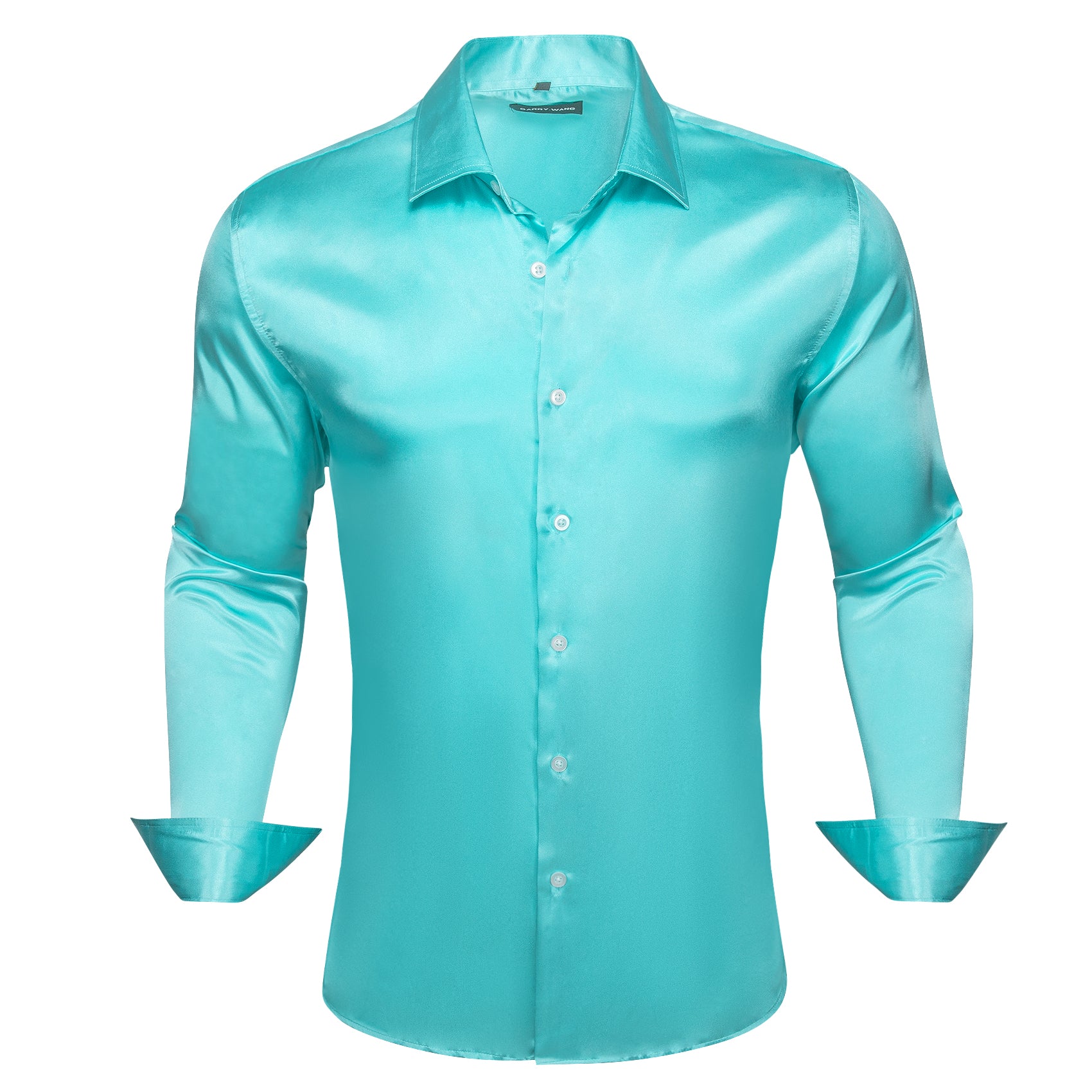 Barry.wang Button Down Shirt Cyan Blue Solid Silk Men's Long Sleeve Shirt
