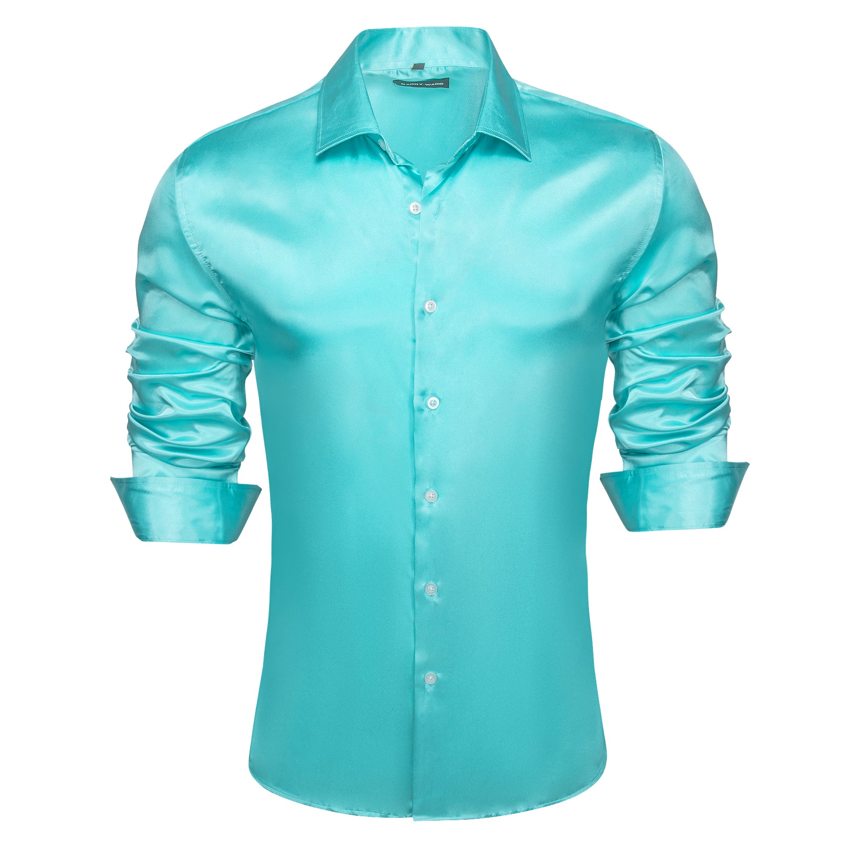 Barry.wang Button Down Shirt Cyan Blue Solid Silk Men's Long Sleeve Shirt