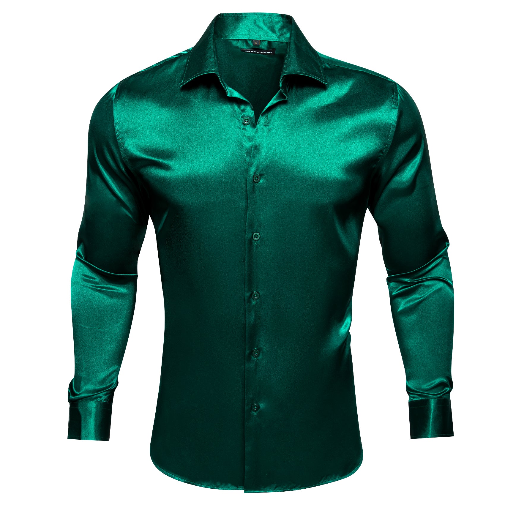 Barry Wang Dark Green Shirt for Men Solid Silk Long Sleeve Shirt