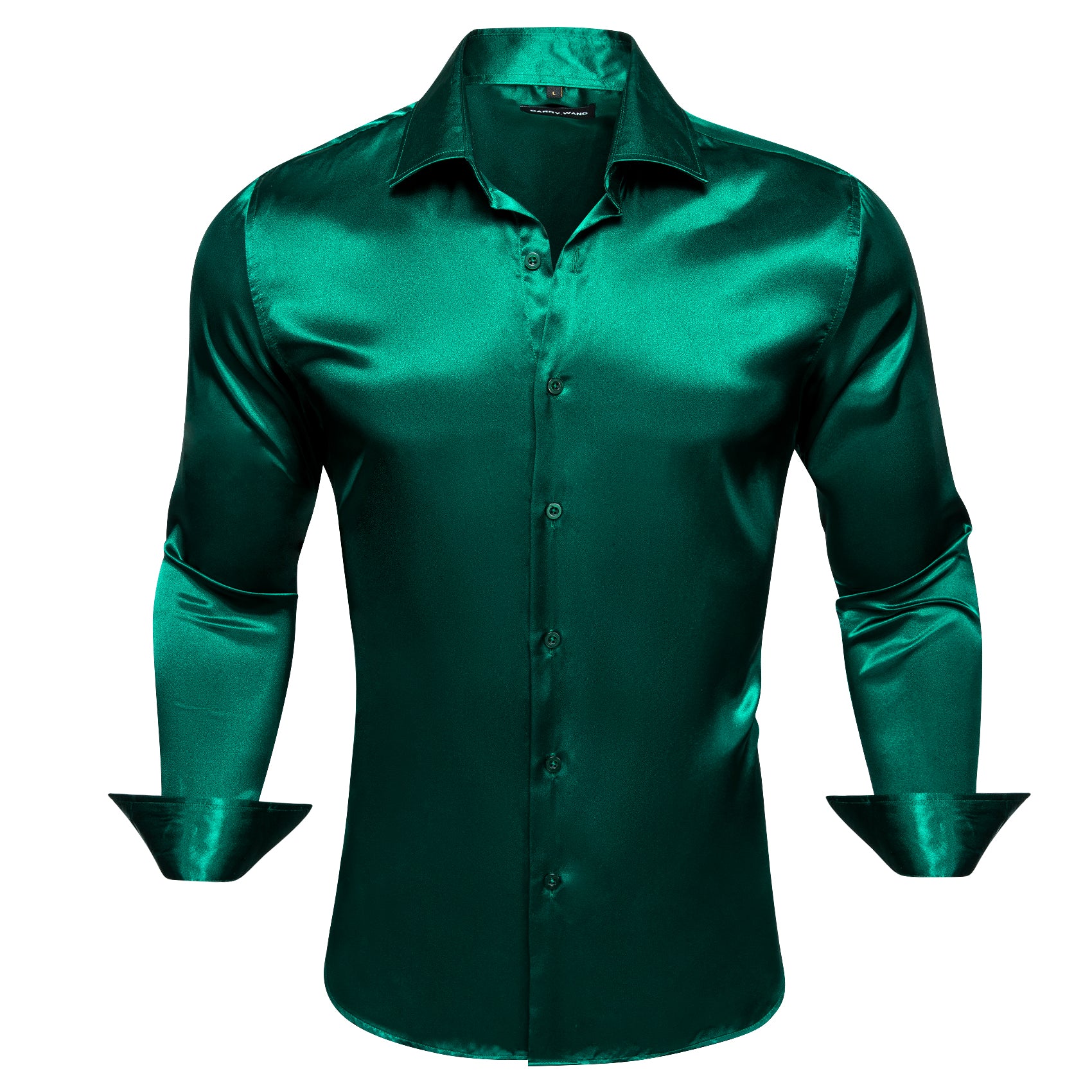 Barry Wang Dark Green Shirt for Men Solid Silk Long Sleeve Shirt