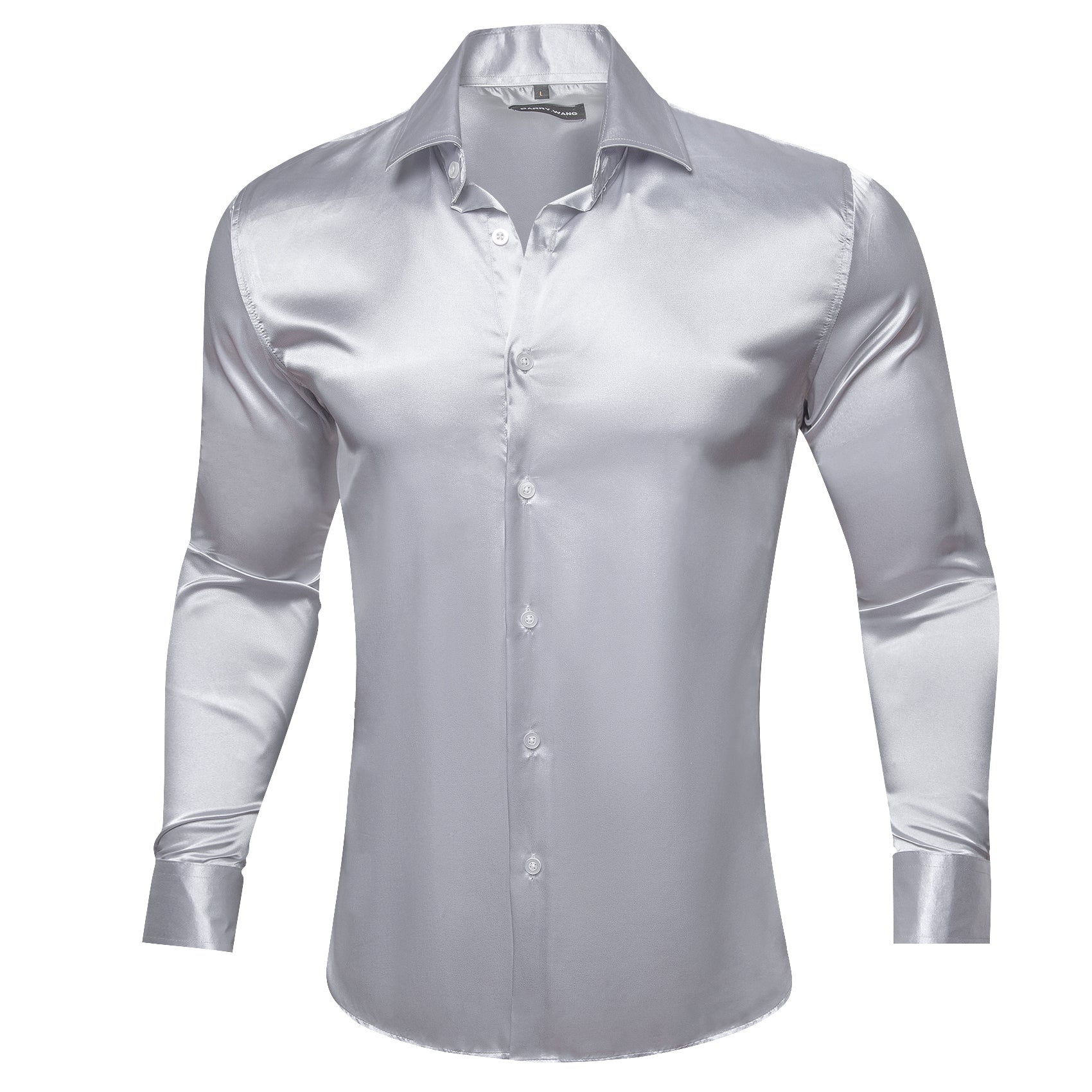 Barry.wang Button Down Shirt Silver Solid Silk Men's Long Sleeve Shirt