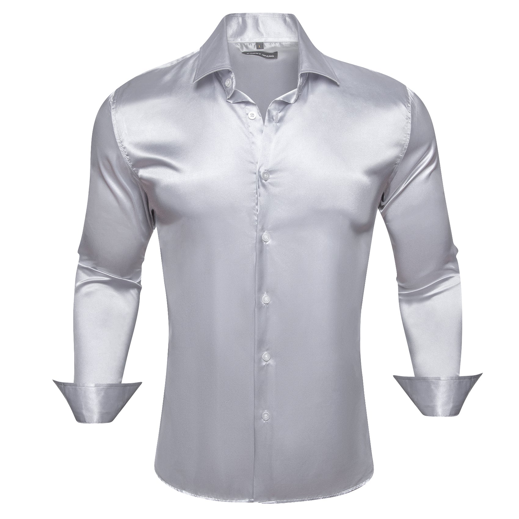 Barry.wang Button Down Shirt Silver Solid Silk Men's Long Sleeve Shirt