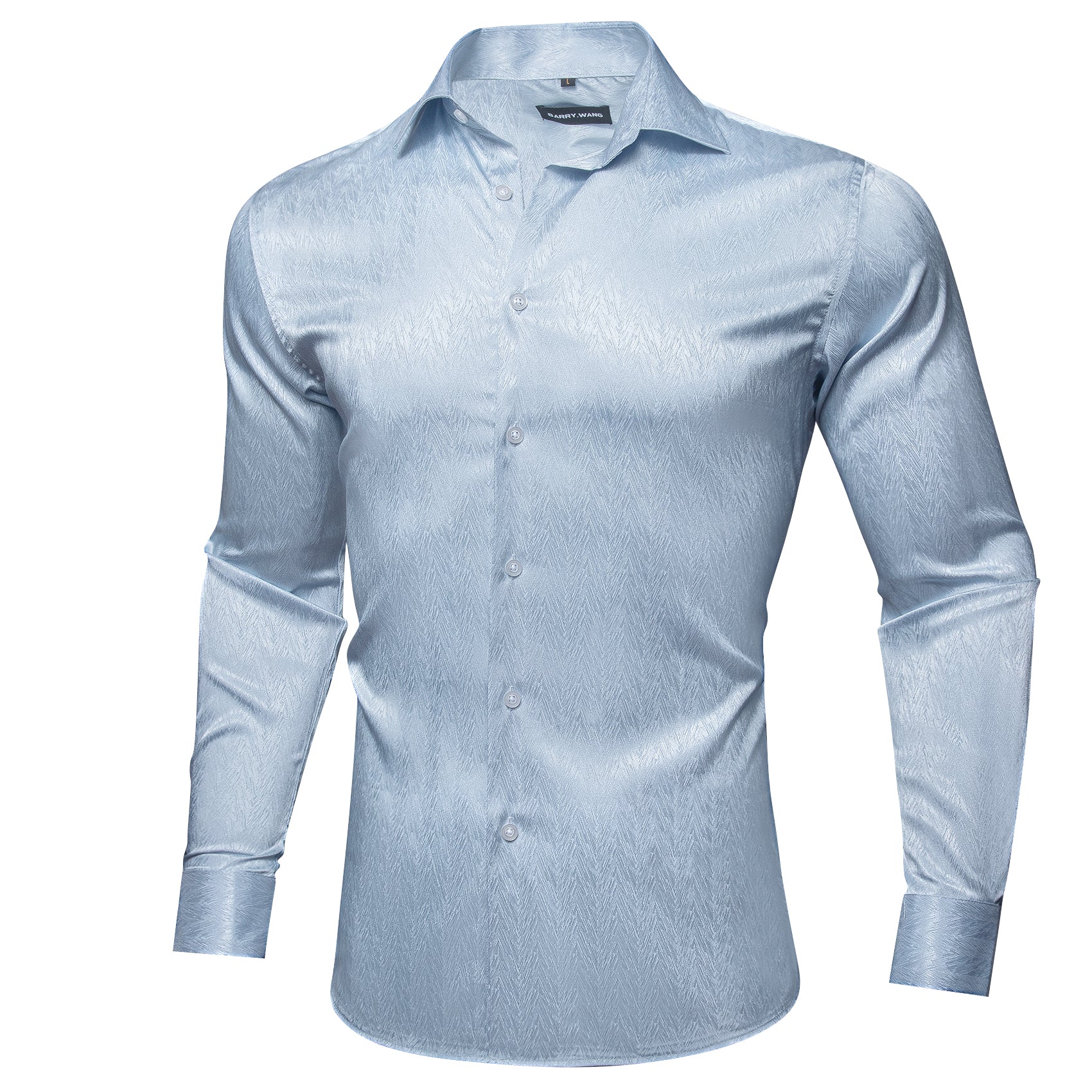 Barry.Wang Button Down Shirt Light Blue Solid Silk Men's Long Sleeve Shirt Classic