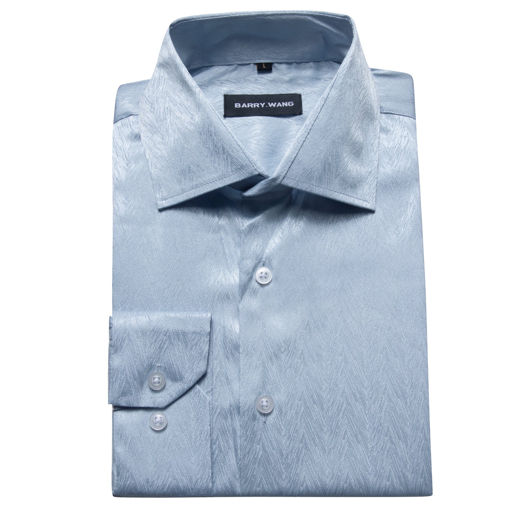 Barry.Wang Button Down Shirt Light Blue Solid Silk Men's Long Sleeve Shirt Classic