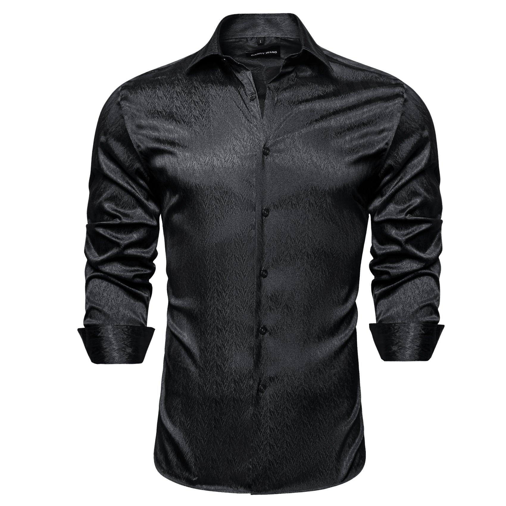 Barry.wang Button Down Shirt Classy Silk Black Solid Long Sleeve Shirt