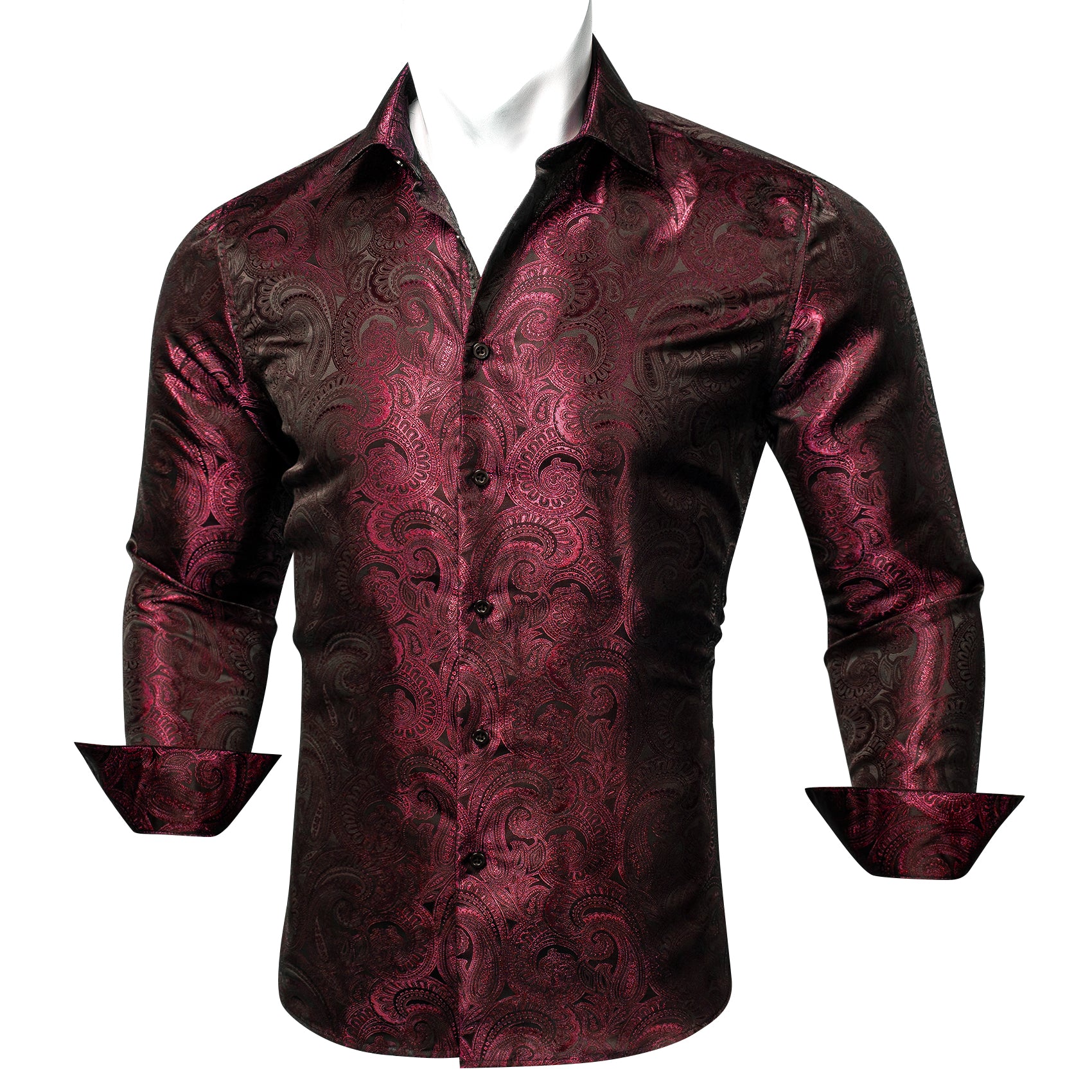 Barry.wang Long Sleeve Shirt Men's Burgundy Red Paisley Silk Shirt