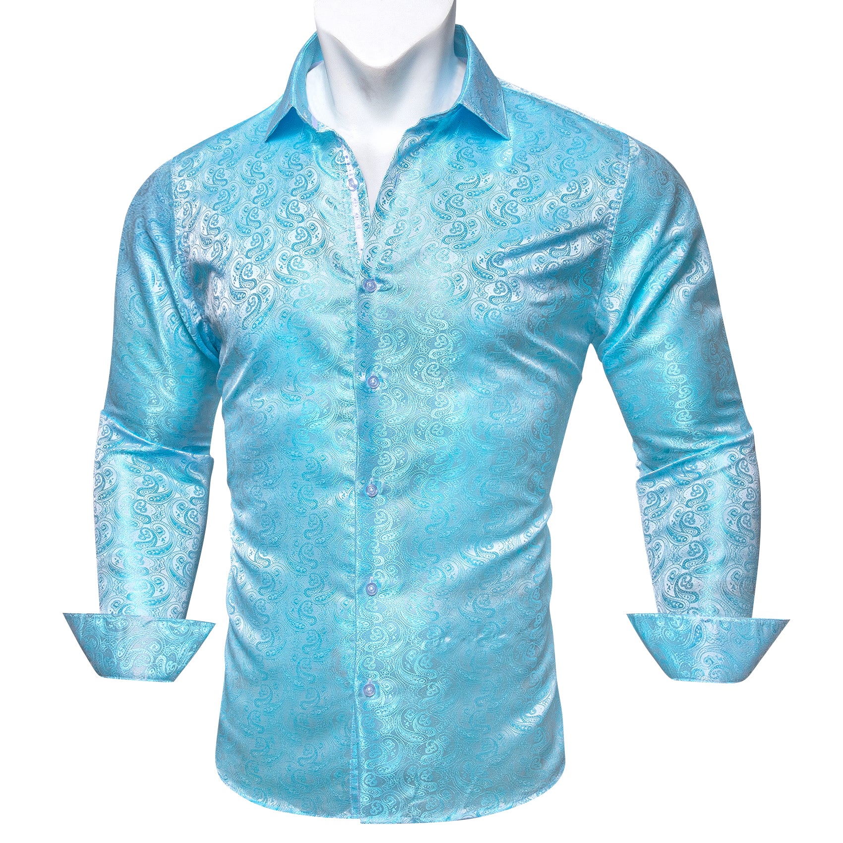 Barry.wang Button Down Shirt Teal Blue Paisley Silk Men's Long Sleeve Shirt