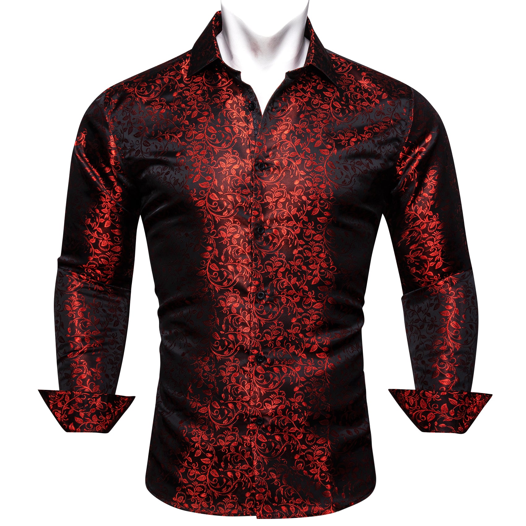 Barry.wang Luxury Burgundy Red Leaves Floral Silk Shirt