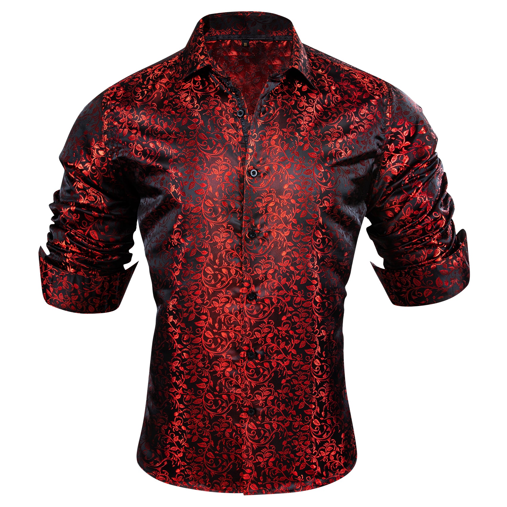 Barry.wang Button Down Shirt Luxury Burgundy Red Leaves Floral Silk Shirt for Men