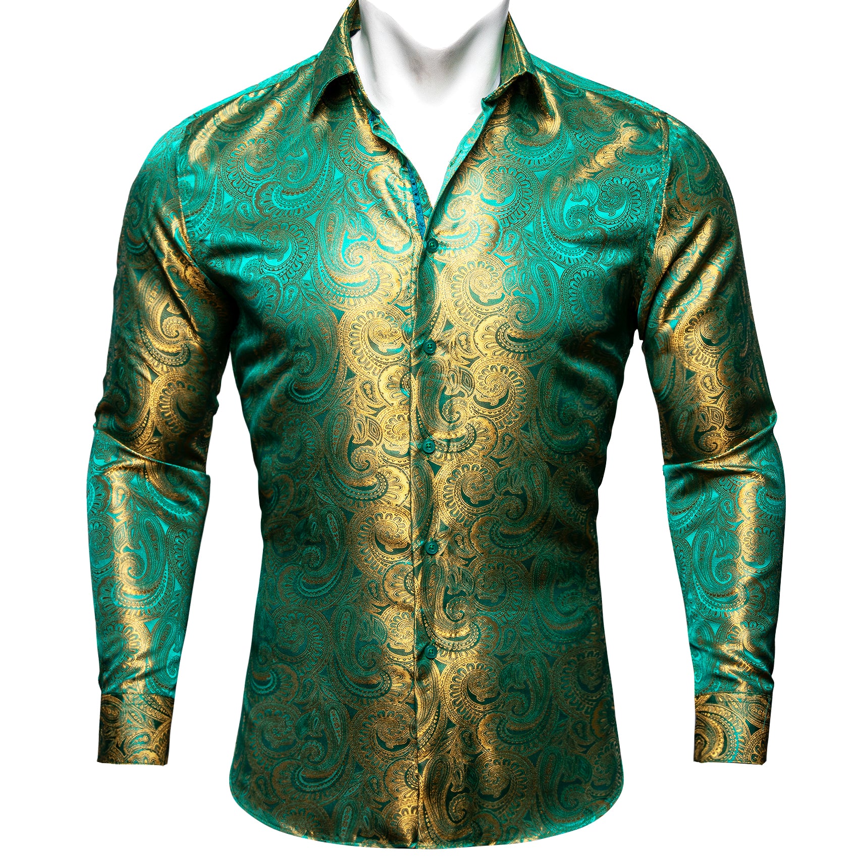 Barry.wang Button Down Shirt Green Gold Paisley Silk Men's Shirt