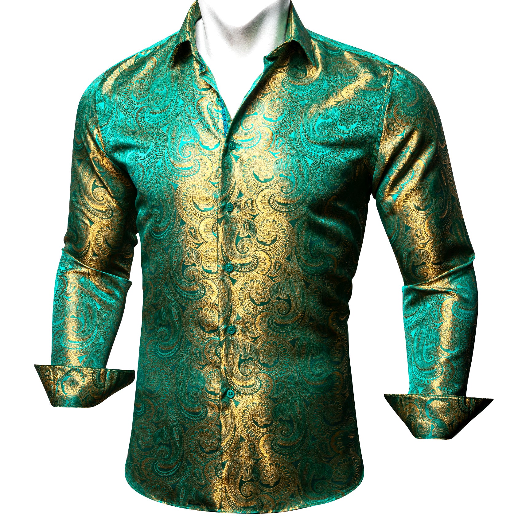 Barry.wang Green Gold Paisley Silk Men's Shirt