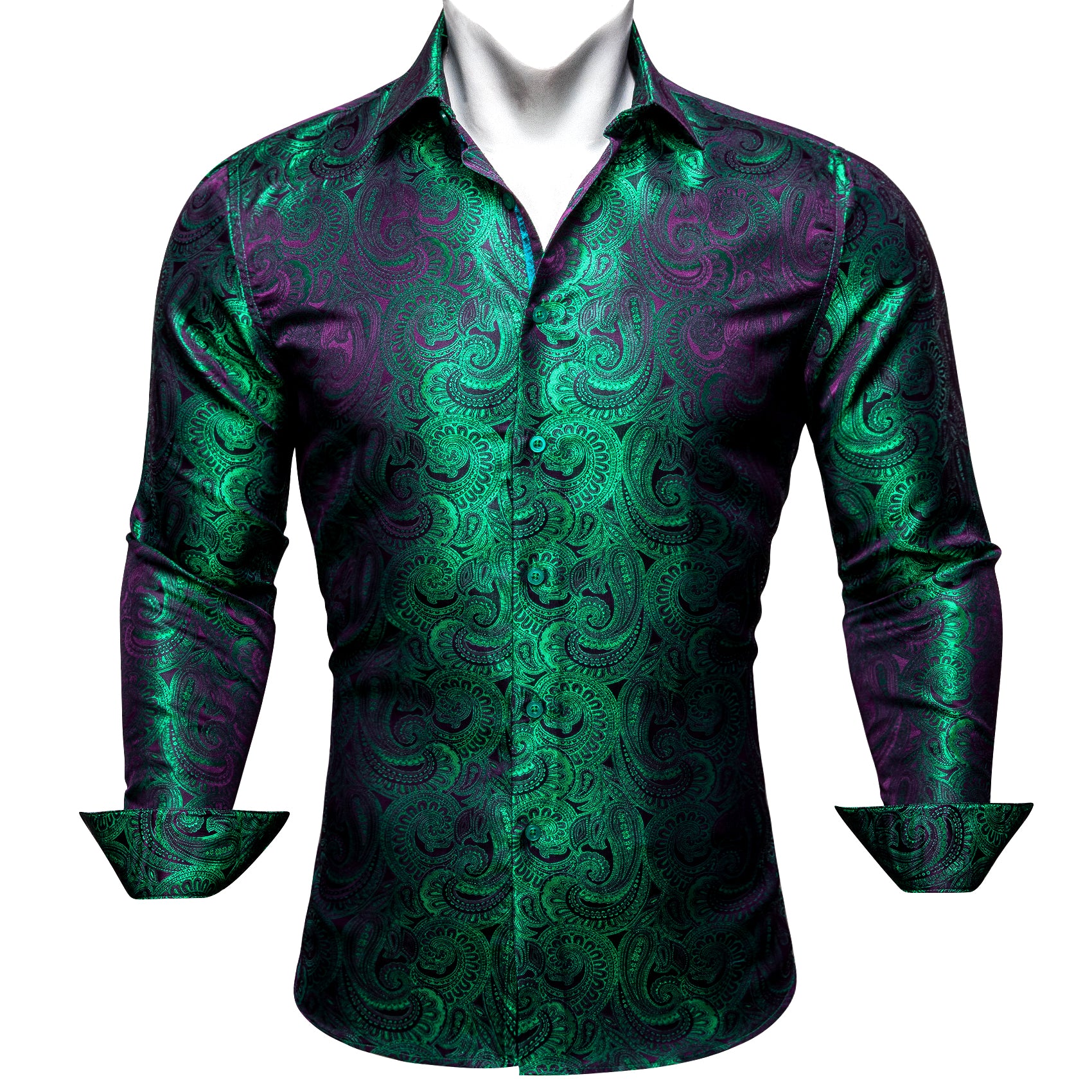 Barry.wang Green Purple Paisley Silk Men's Shirt