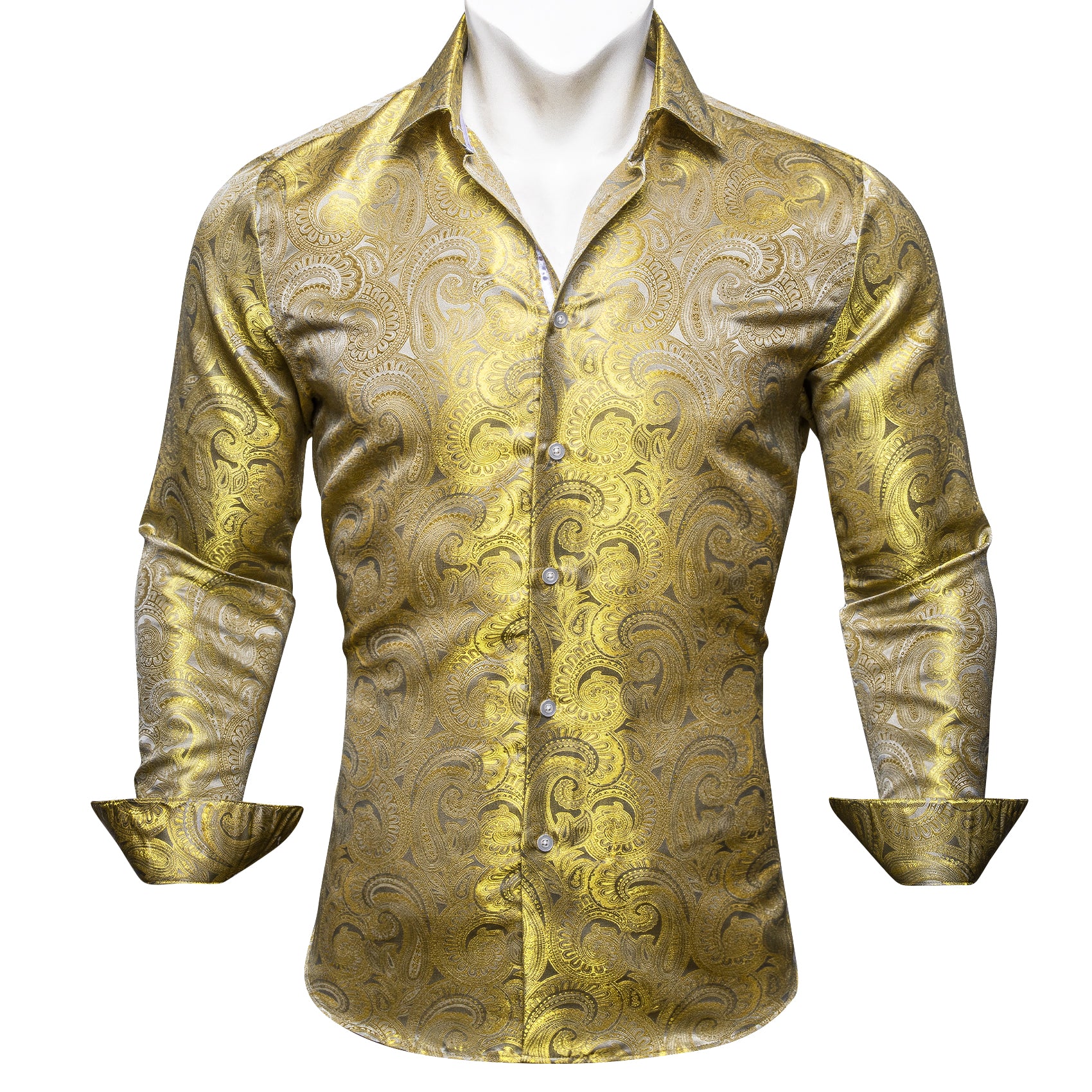 Barry.wang Button Down Shirt Gold Paisley Silk Men's Long Sleeve Shirt