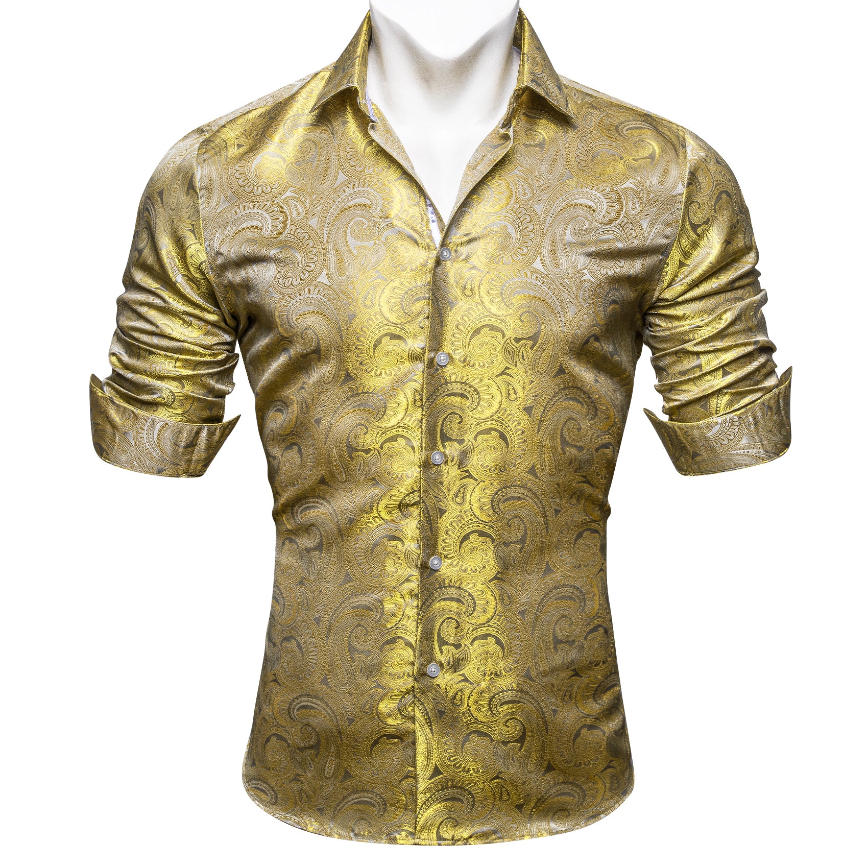Barry.wang Luxury Gold Paisley Silk Men's Shirt