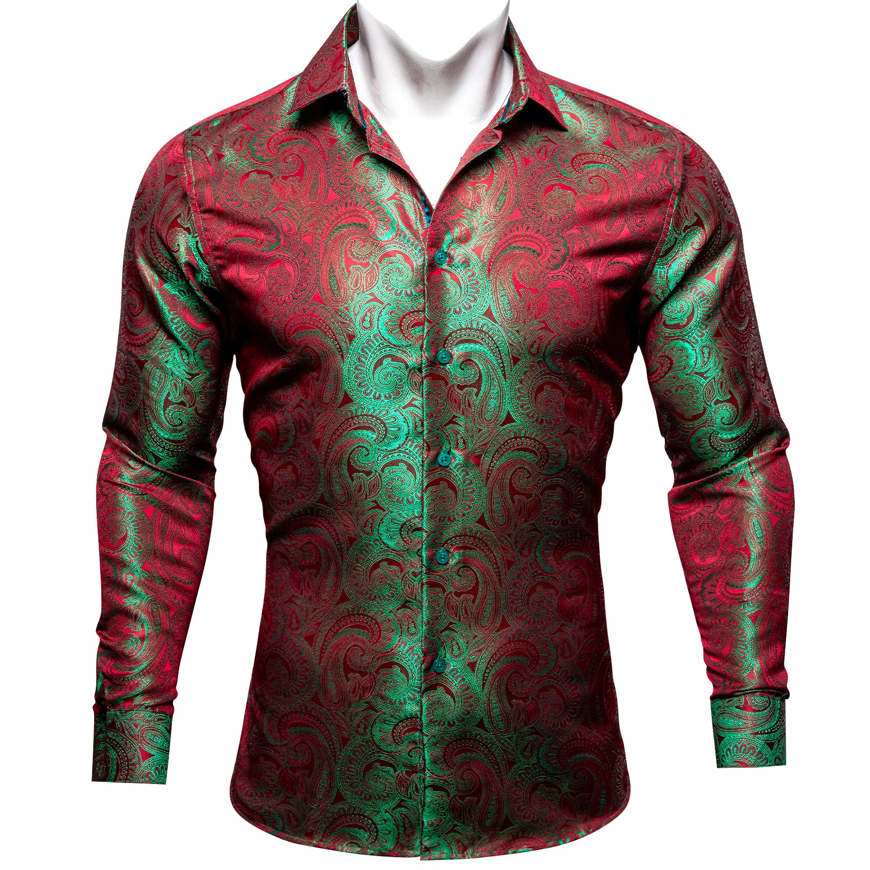 men's patterned dress shirts red shirt green paisley Jacquard long sleever shirt  red green shirt