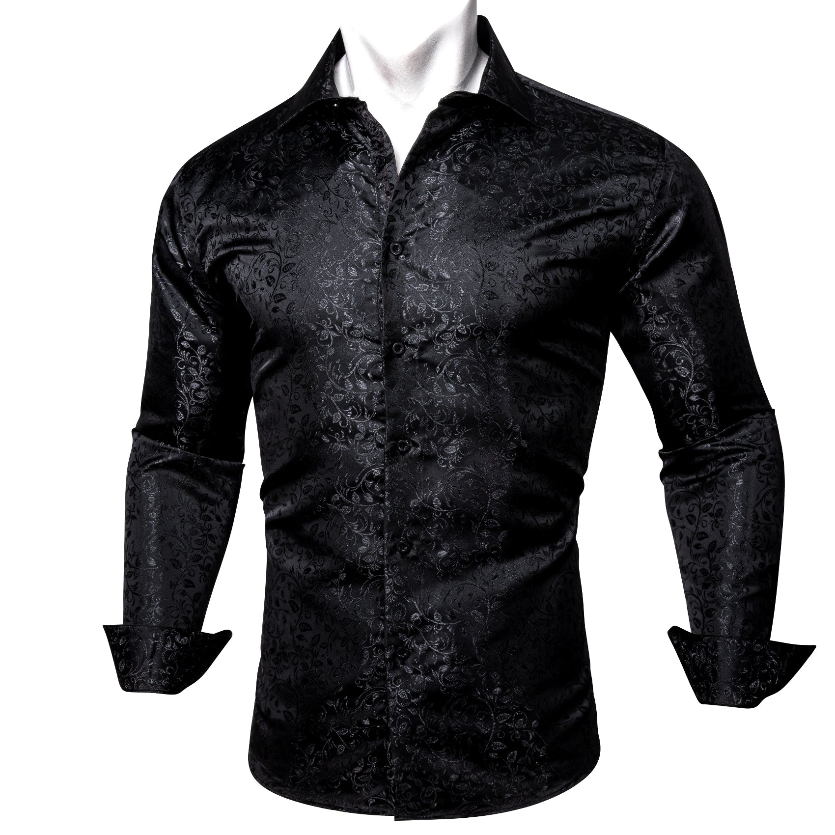 Barry.wang Luxury Black Leaves Floral Silk Shirt