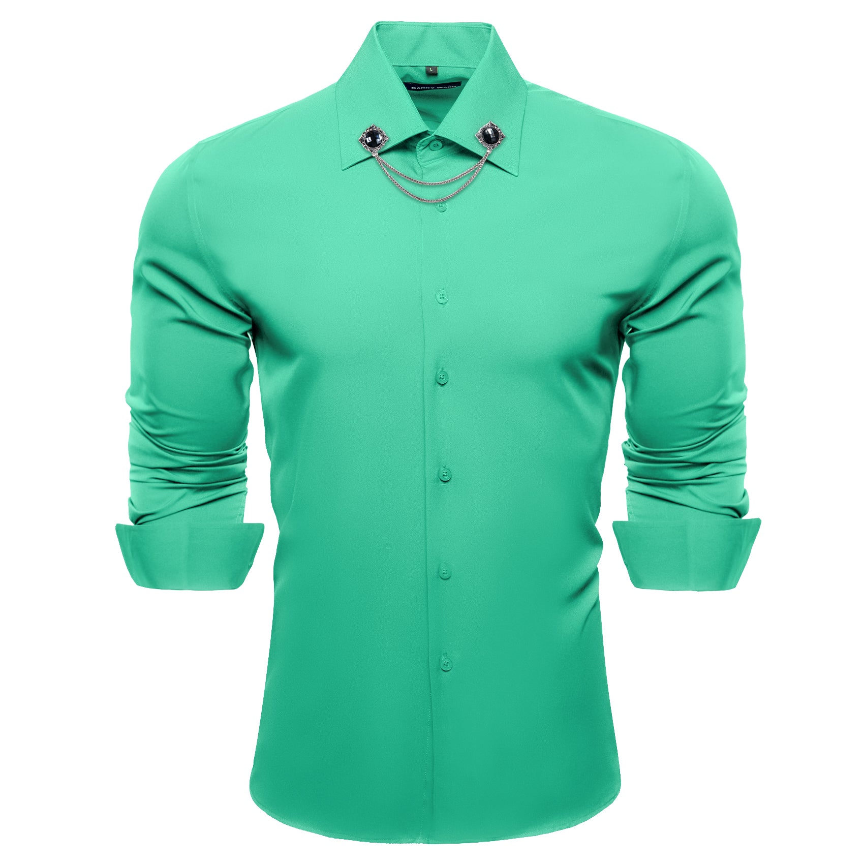 Barry.wang Pale Green Solid Silk Shirt with Collar Pin
