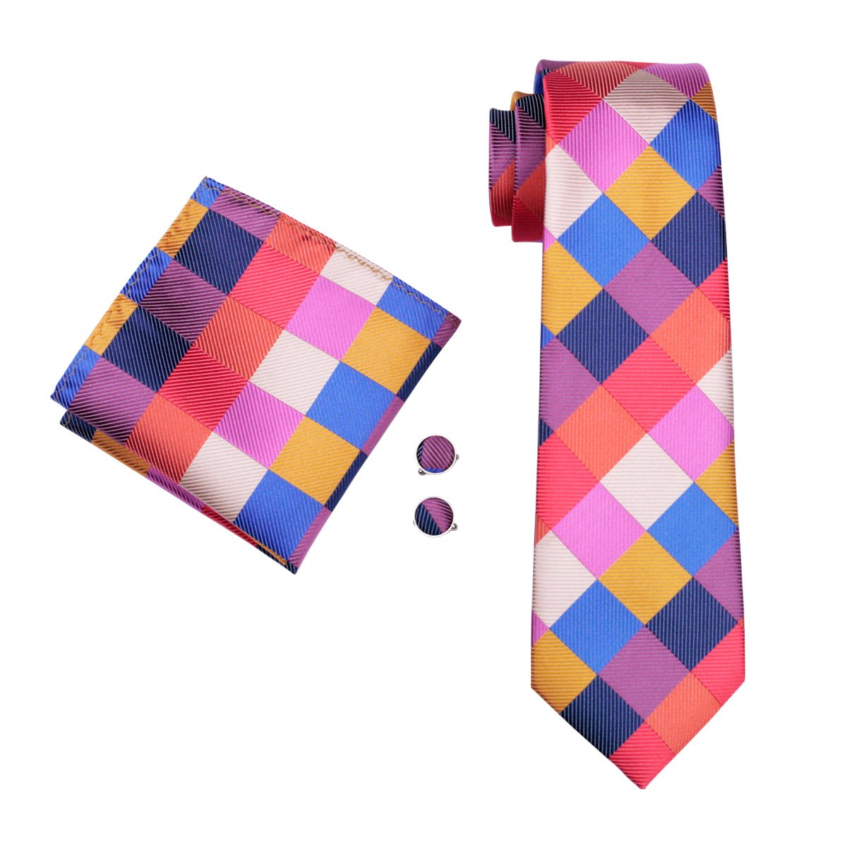 Red Blue Plaid Tie Pocket Square Cufflinks Set - barry-wang