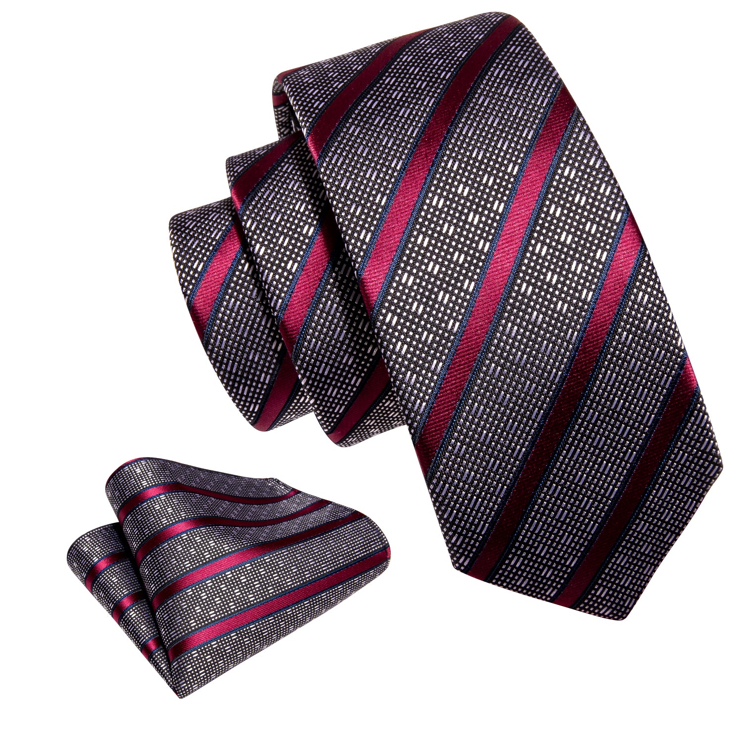 Children Grey Red Striped Tie Pocket Square Set