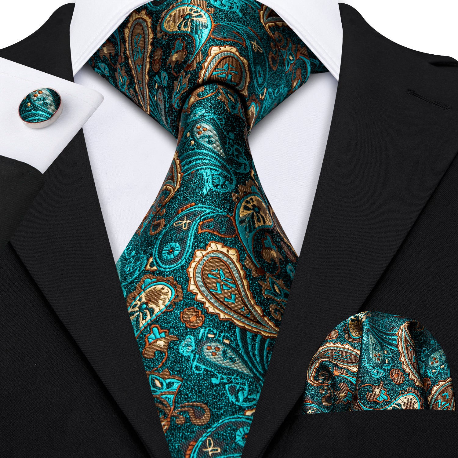 Barry Wang Green Brown Paisley Tie Hanky Cufflinks Set