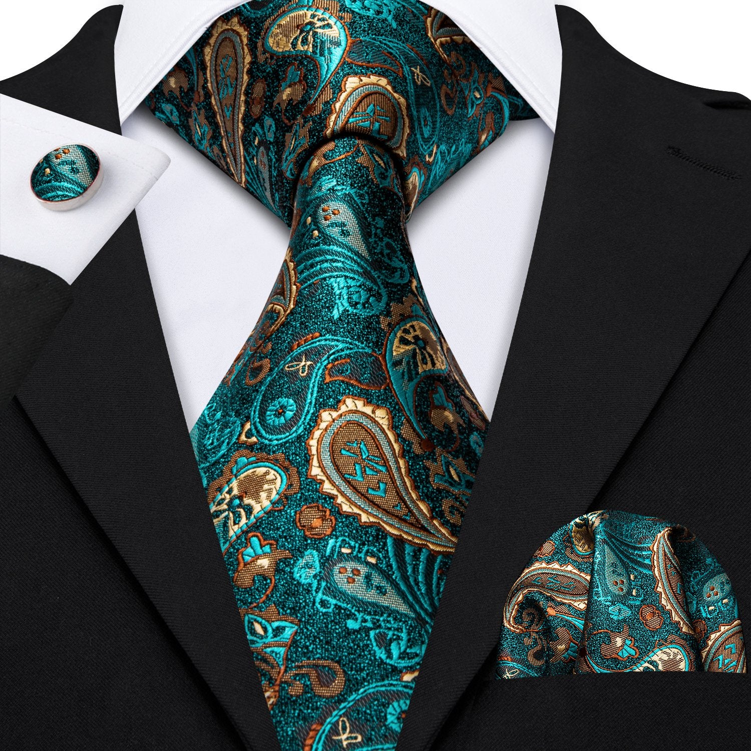 Barry.wang Men's Scarf Green Brown Paisley Silk Scarf with Tie Set