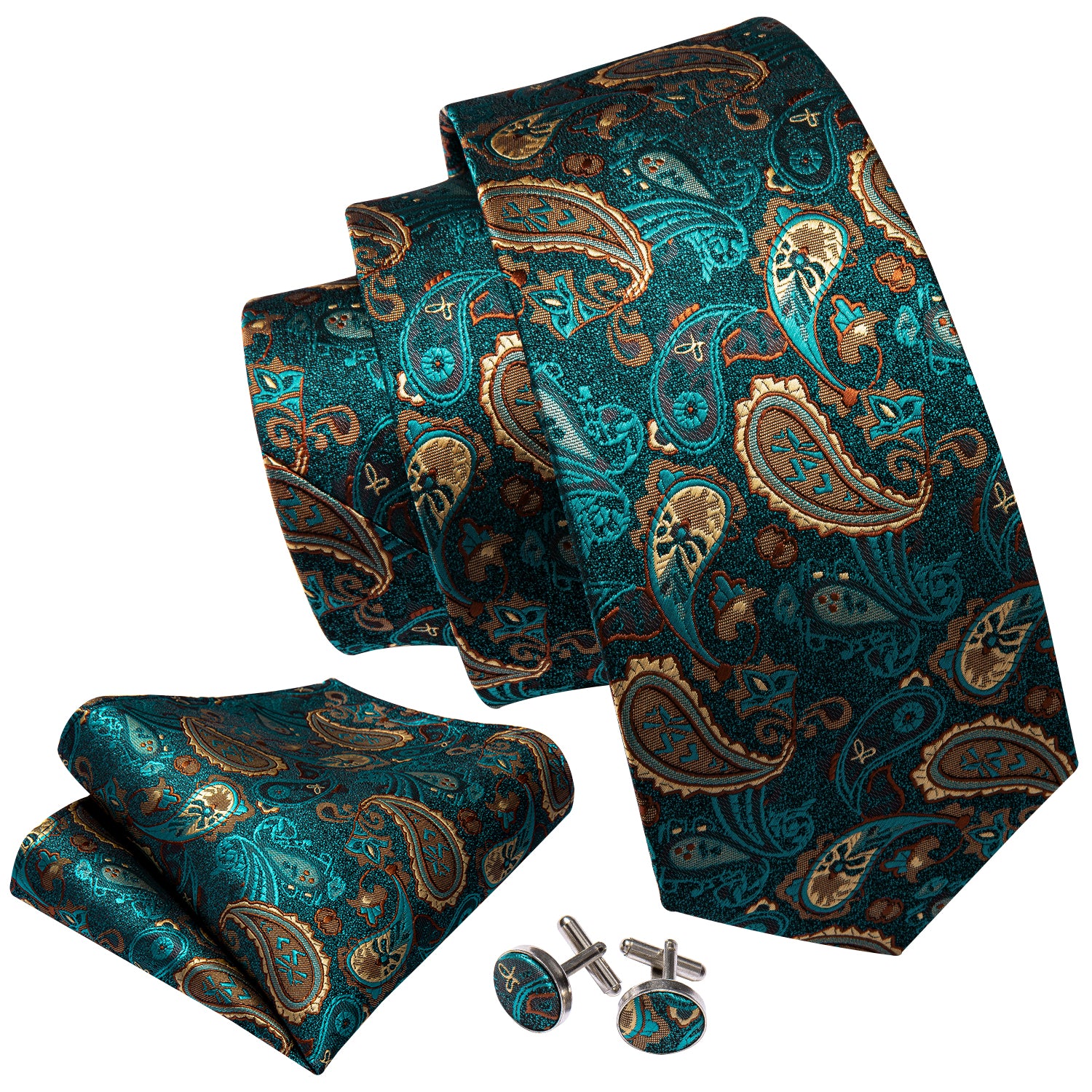 Barry Wang Green Brown Paisley Tie Hanky Cufflinks Set