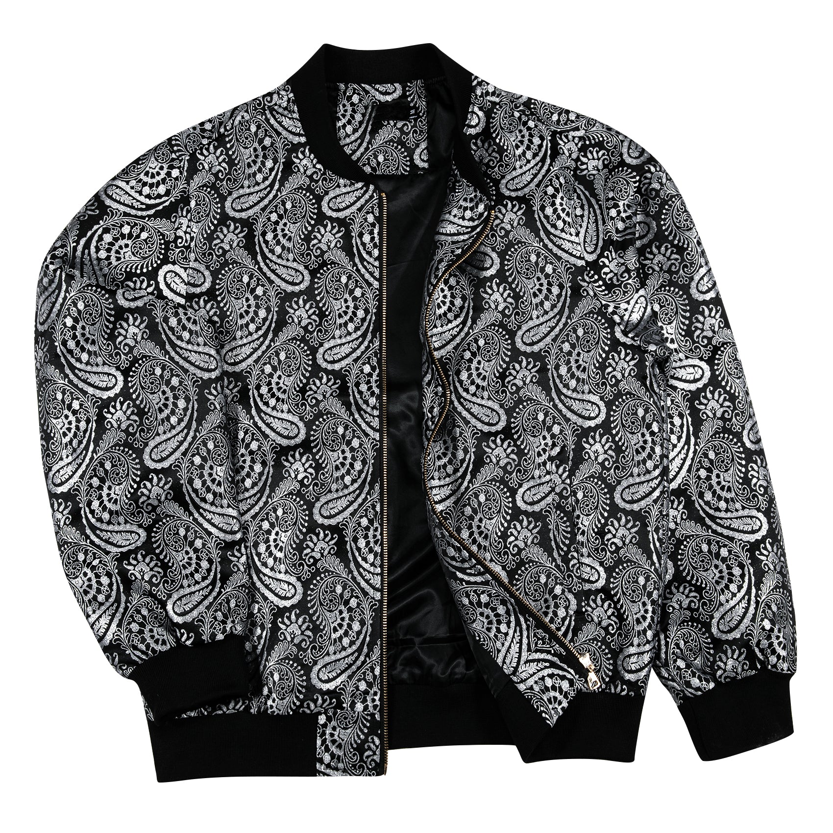 Barry.wang Zipper Jacket Black Silver Floral Jacquard Paisley Jacket for Men