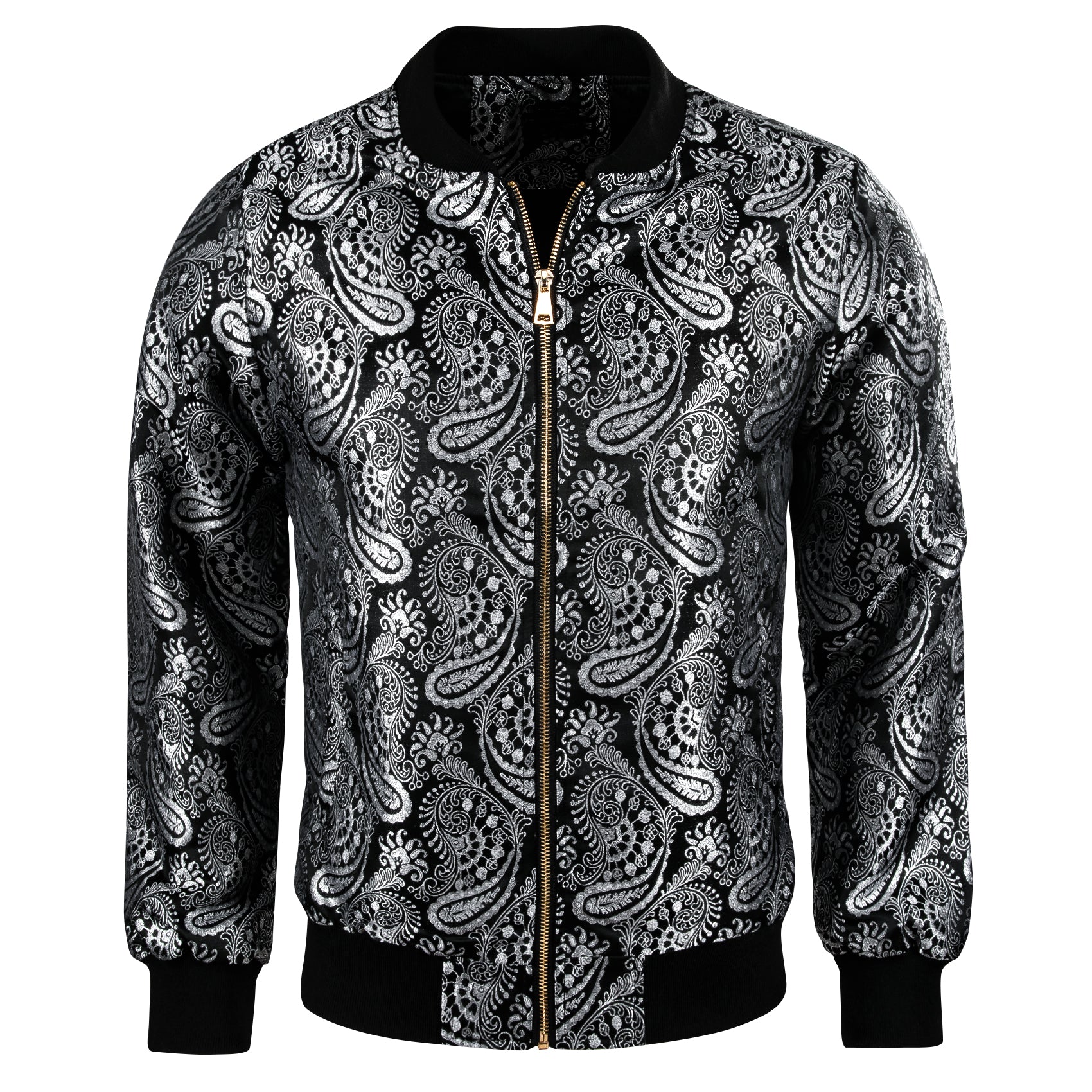 Barry.wang Zipper Jacket Black Silver Floral Jacquard Paisley Jacket for Men