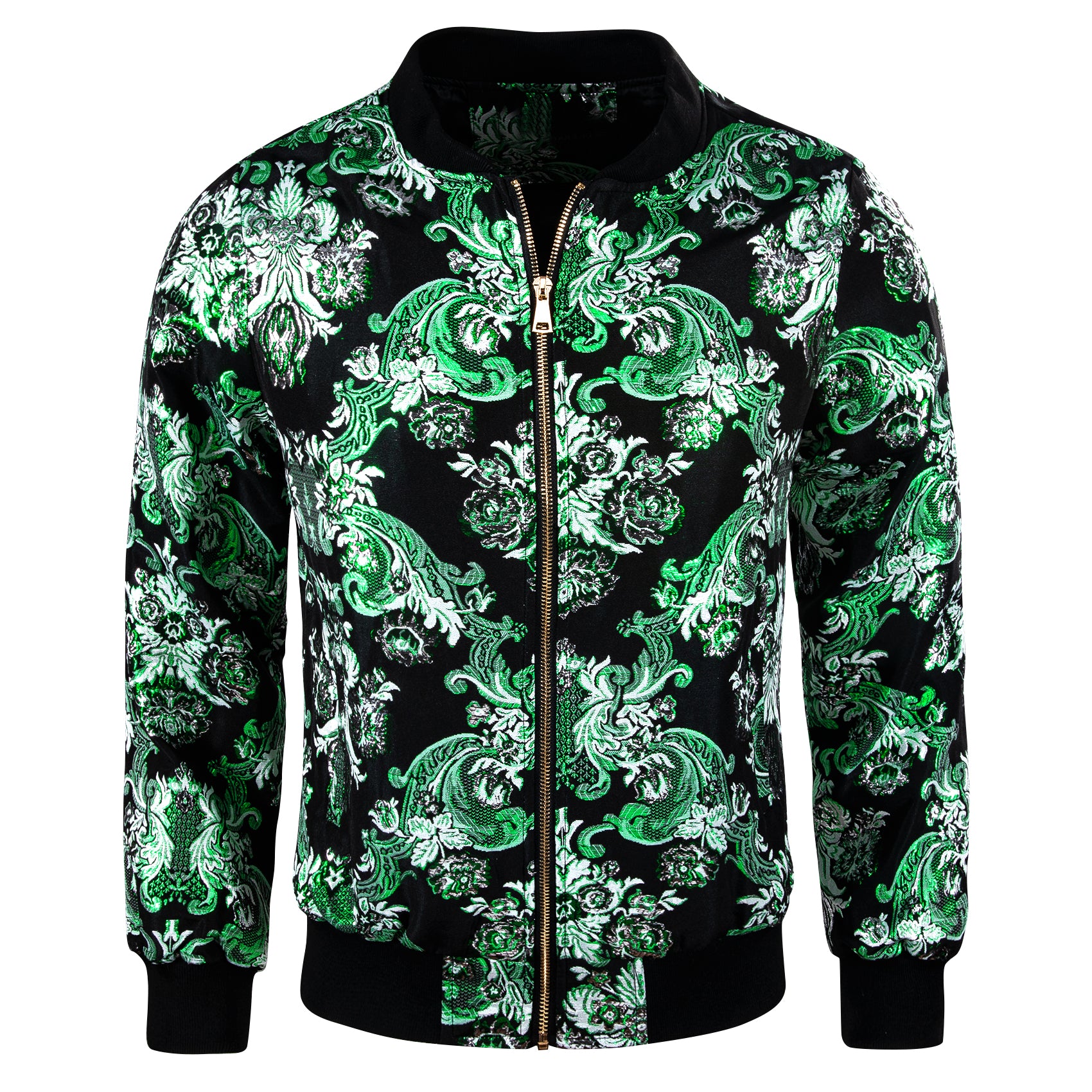 Barry.wang Zipper Jacket Men's Green White Floral Jacquard Paisley Jacket