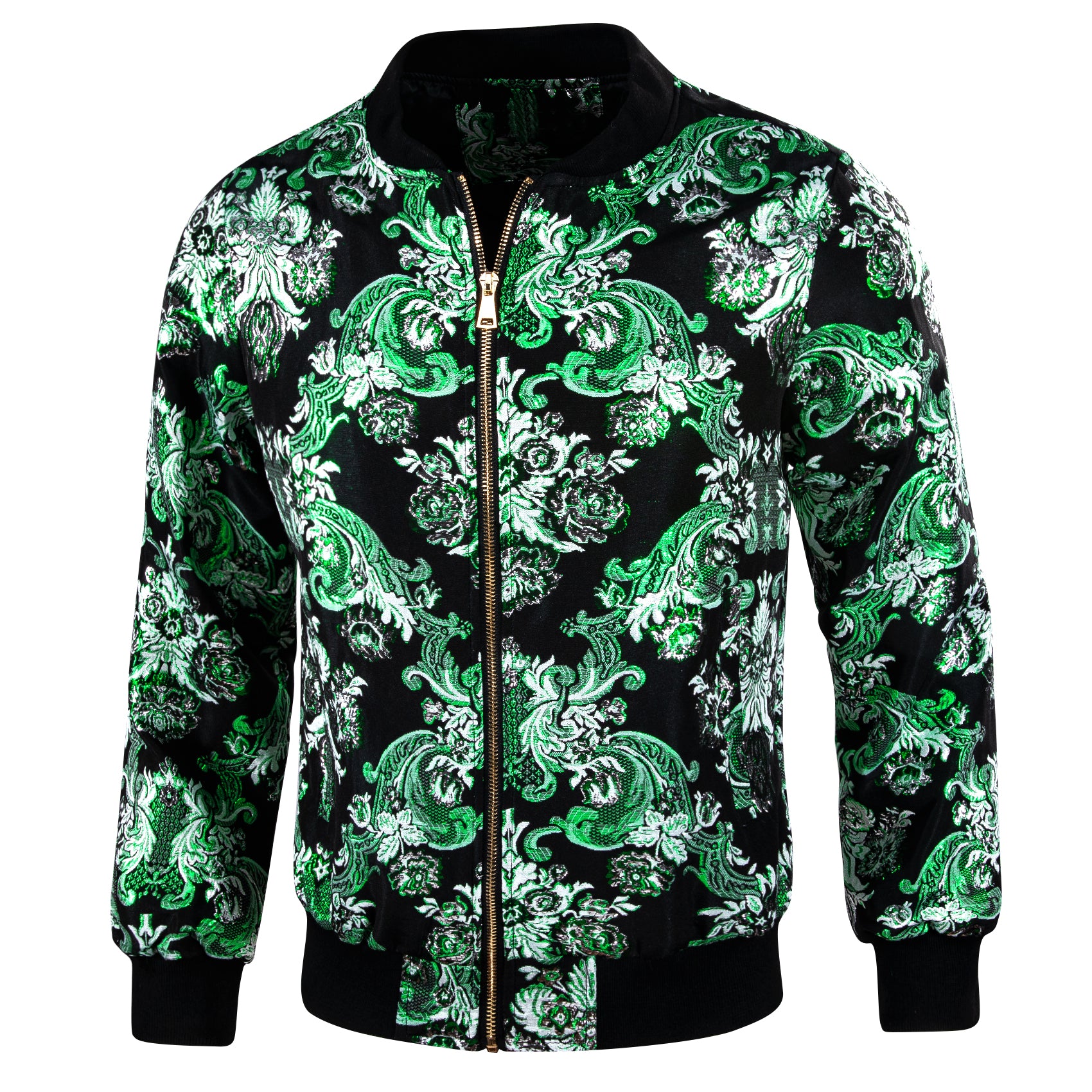 Barry.wang Zipper Jacket Men's Green White Floral Jacquard Paisley Jacket