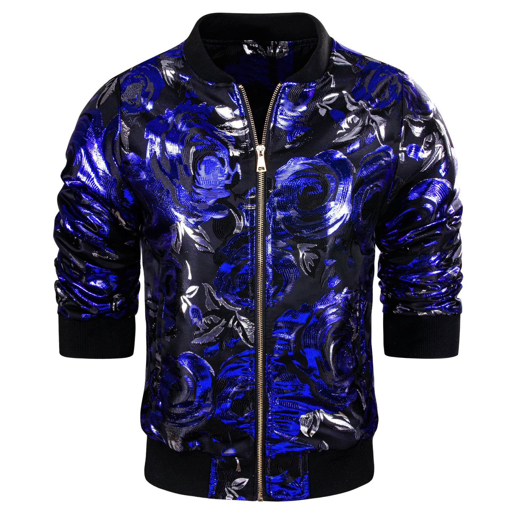 Barry.Wang Zipper Jacket Deep Blue Black Floral Jacquard Paisley Jacket for Men