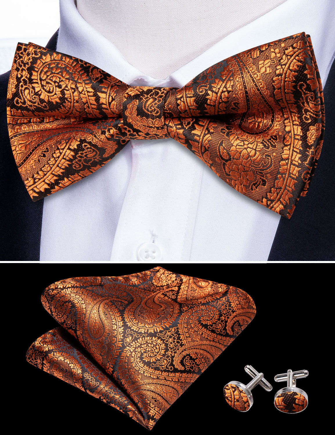 Brown Rust Orange Paisley Mens Bow Tie Hanky Cufflinks Set